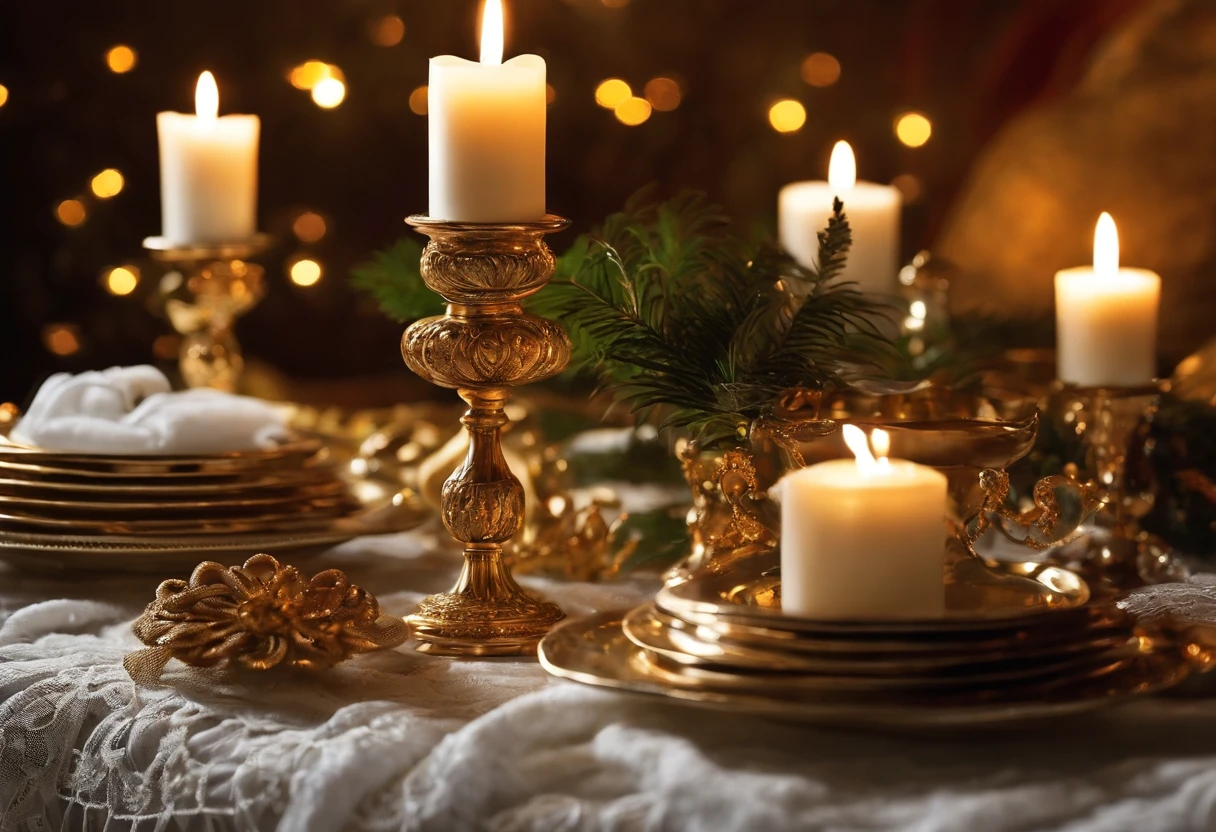 mesa com santos, enfeitada com serpentinas, na mesa tem velas  brancas e finas acesas , All this on a white lace towel- it's not Christmas , is Christian novena