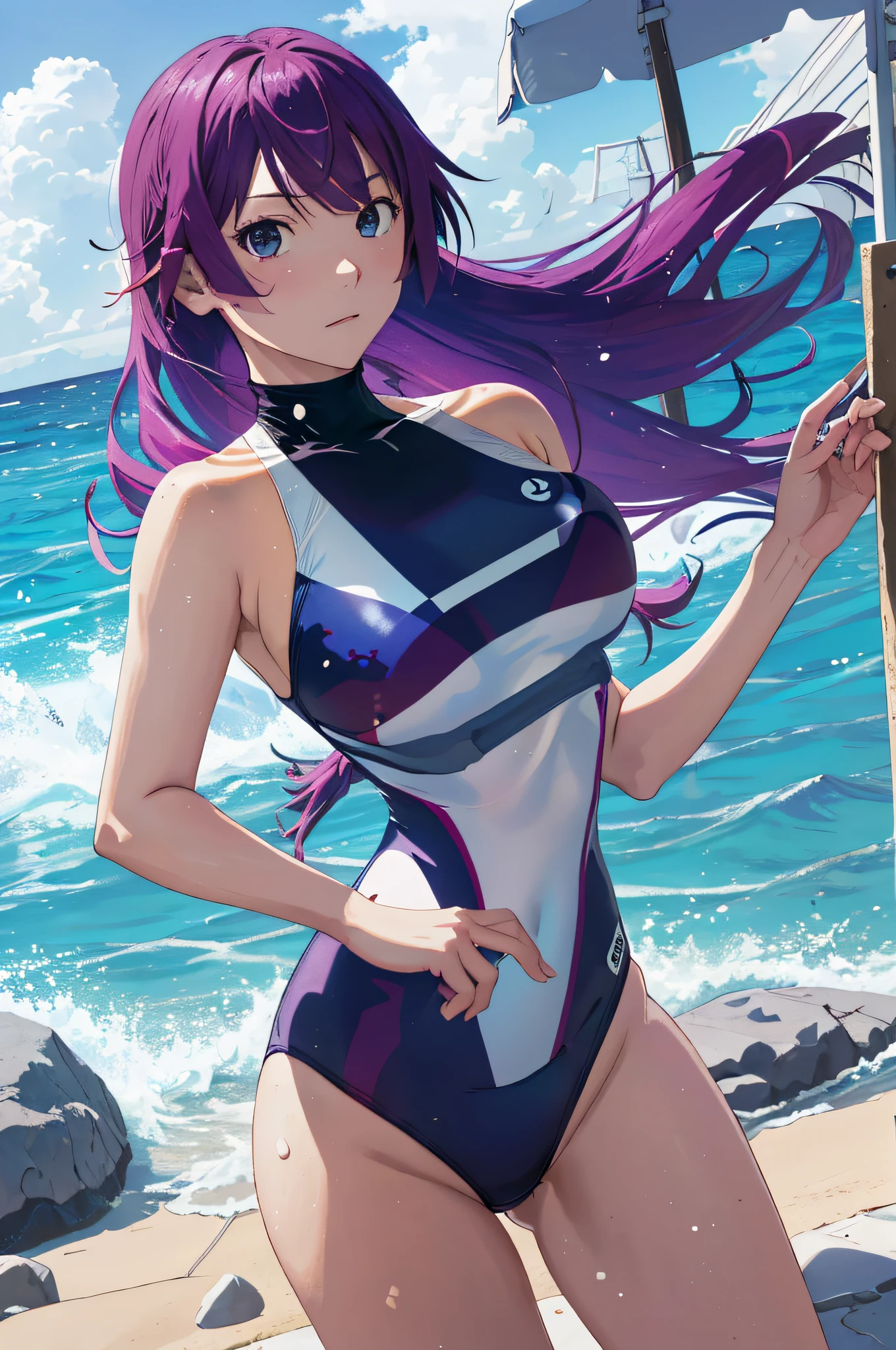 Obra maestra, La mejor calidad, Altas Resoluciones, sh1, Senjougahara Hitagi, Cabello largo, mangas largas, atar,((( high neck swimsuit))),muslos , Disparo de vaquero, Brazos cruzados,