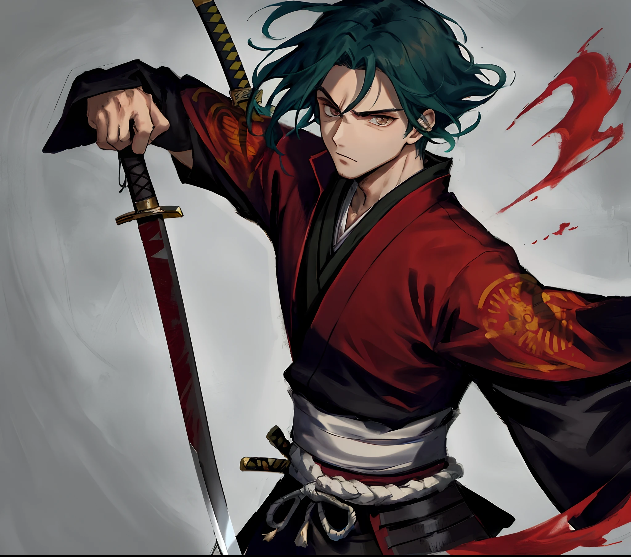 Homem cabelo longo preto estilo anime olhos amarelos roupa de samurai, roupa vermelha empunhando uma katana, homem jovem de 23 anos