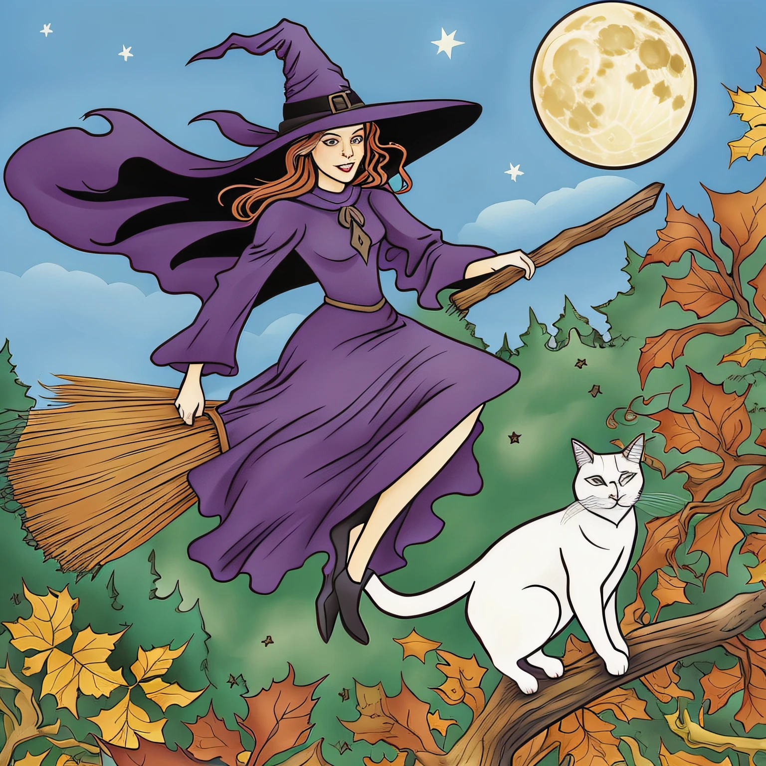 witch flying on broom with white cat in front of full moon, cat witch, flying on the broom, witchy, full color illustration, witch, classical witch, witch woman, witch fairytale, broomstick, a witch, witch in the woods, beautiful female witch, witches, beautiful witch female, beautiful witch spooky female, bright witch, full color digital illustration