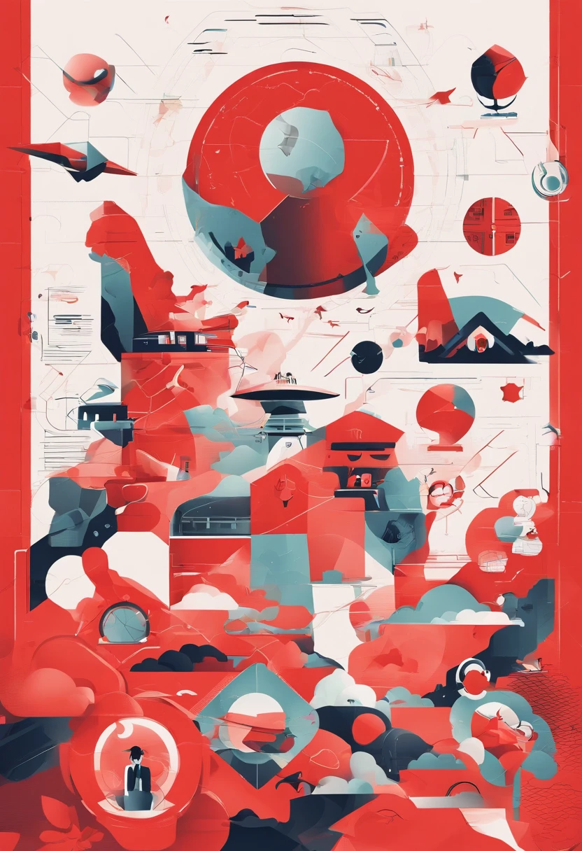 Science and technology innovation future theme,Five-star red flags are required in the painting,Flat marker style,There can be no human faces