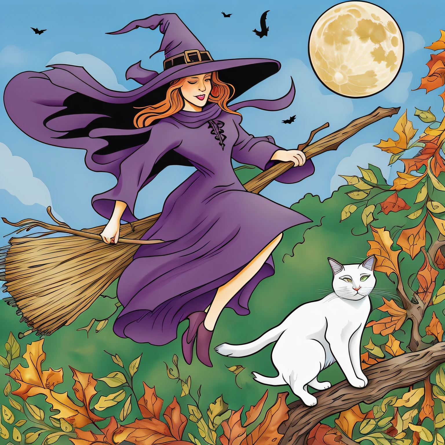 witch flying on broom with white cat in front of full moon, cat witch, flying on the broom, witchy, full color illustration, witch, classical witch, witch woman, witch fairytale, broomstick, a witch, witch in the woods, beautiful female witch, witches, beautiful witch female, beautiful witch spooky female, bright witch, full color digital illustration