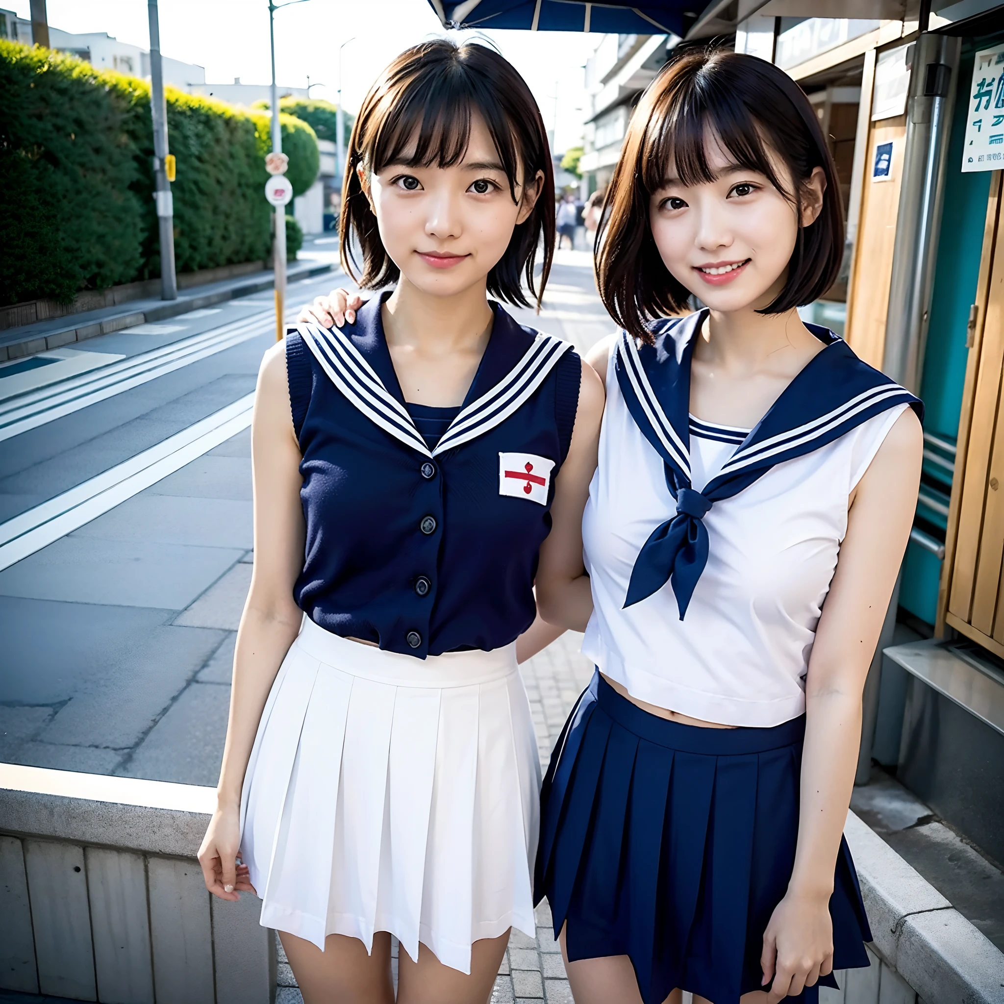Two Japan women taking a commemorative photo in the sea of Japan、It was a 27-year-old woman.、It was a small breast with loose and fluffy long bob hair、One is a 31-year-old woman with small breasts and long bobs.....The two are having fun、small tits、Small、discreet breasts、Wearing a cardigan over a sleeveless sailor suit、street snap、I'm cosplaying in a sailor suit、The skirt is flipped up so you can see the light blue panties.、Pulling up a skirt、Tighten and lift the skirt、Grab the hem of the skirt and lift it up