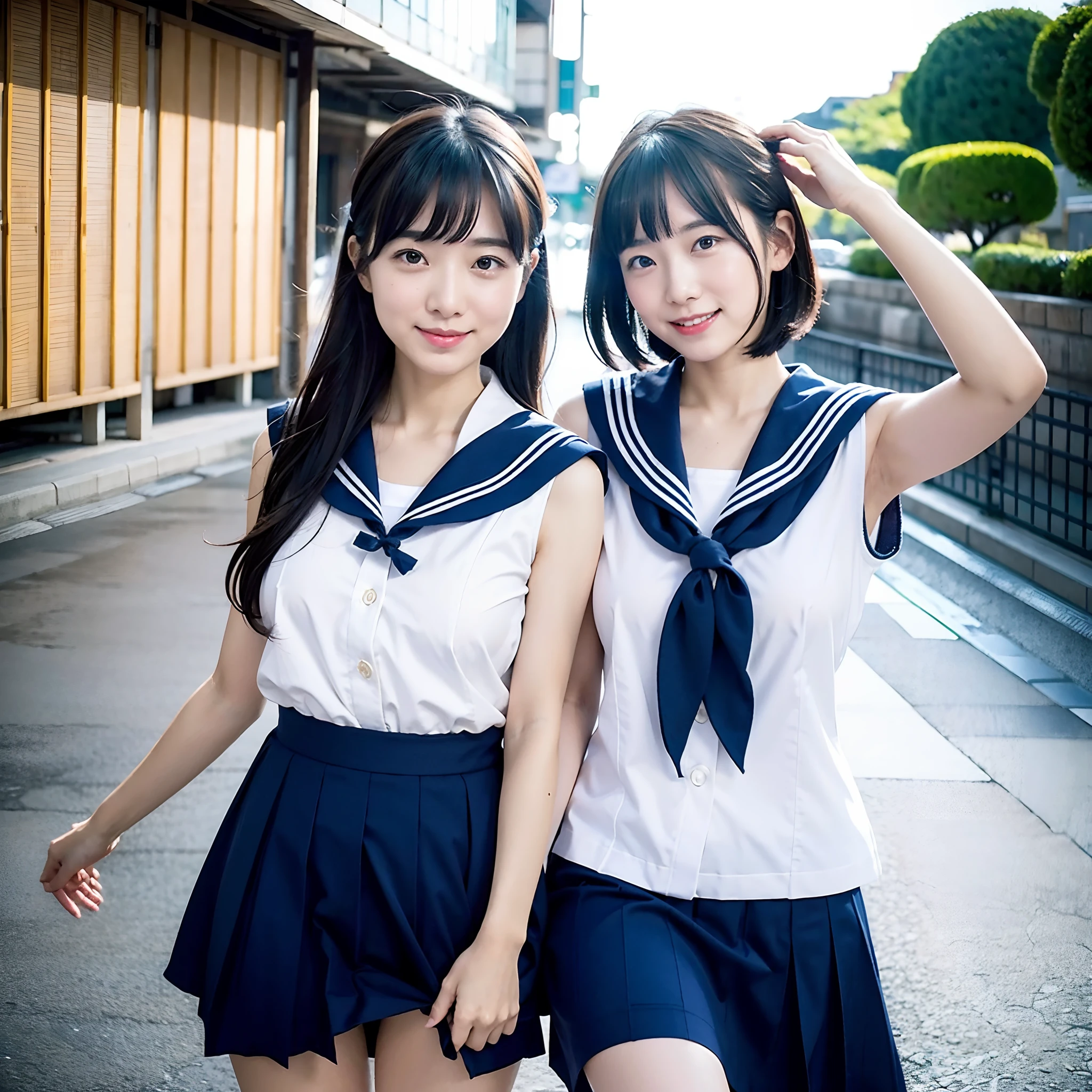 2 girls walking in rural field,cumulonimbus cloud in summer sky,sailor shirt,navy blue pleated skirt,white thong,18-year-old,bangs,a little smile,thighs,knees,short hair with low pigtails bunches,from below,front light