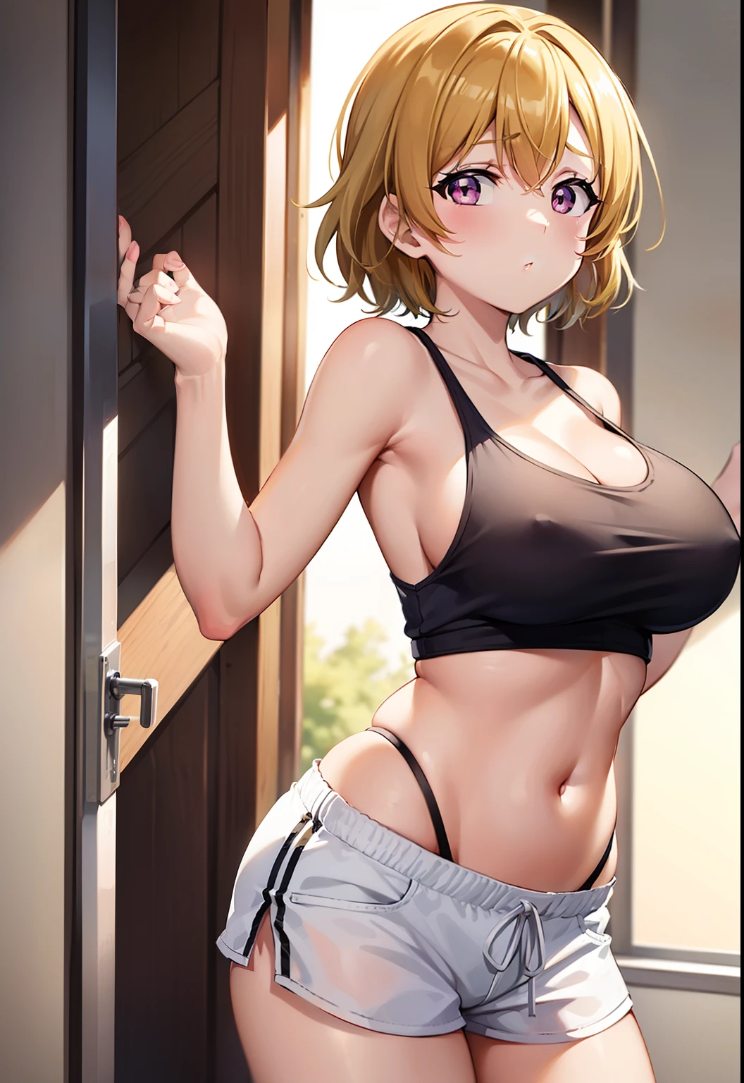 Koizumi hanayo, oversize tank top,see through tank top,side breasts,(sideboobs:1.3), white hot shorts,thicc stomach and hips),big breasts,in gym, standing