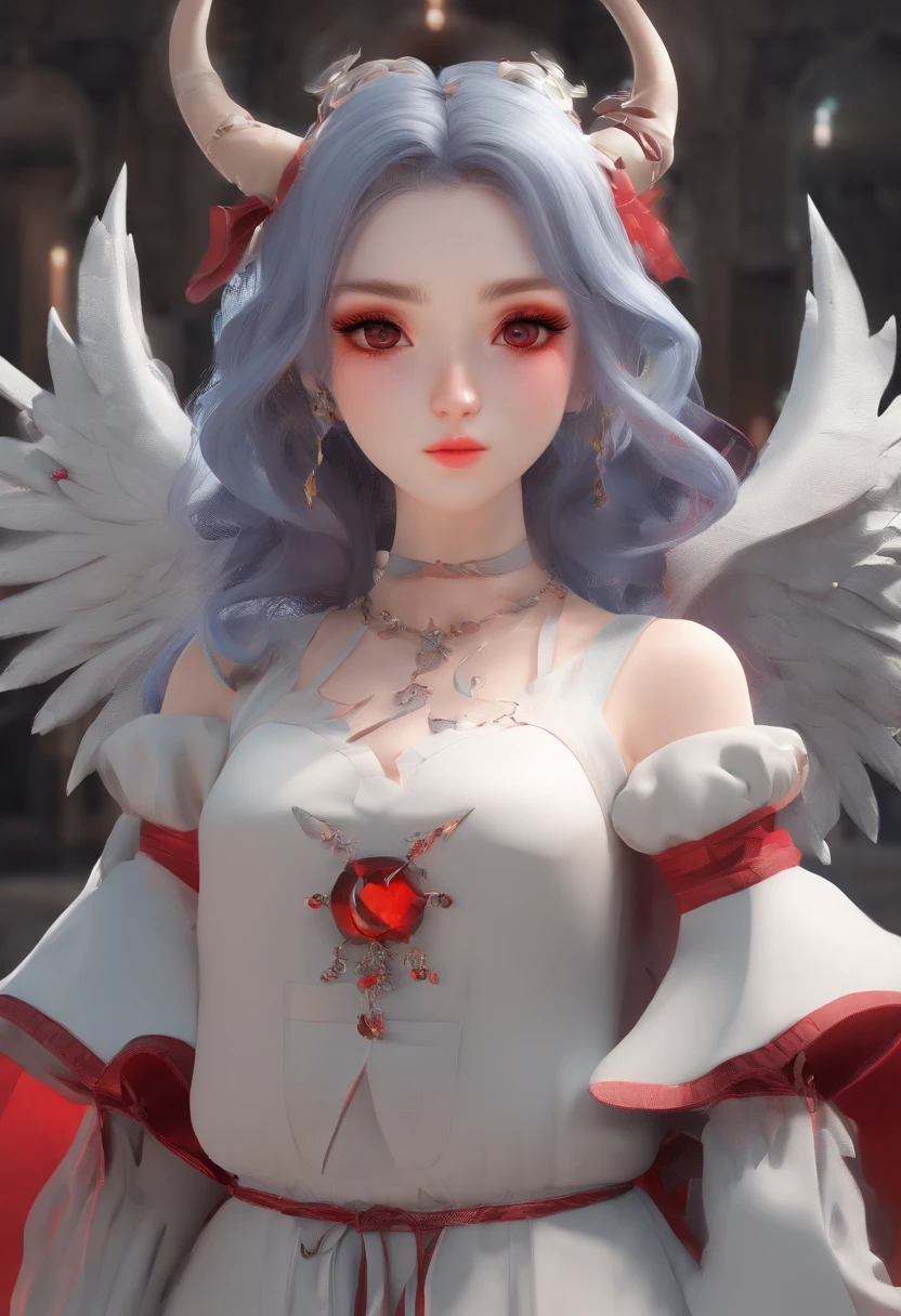 Dull hair, Gray hair,Red Eyes,Long whit hair,demonic horns,Broken maid clothes,Girl body type,Very cute,There are tears in the eyes,Behind it are the Devil's Wings,There was a little blood on his body,8K,Hands are not missing,Look into the camera,Empty eyes,Dynamic,destroyed city background