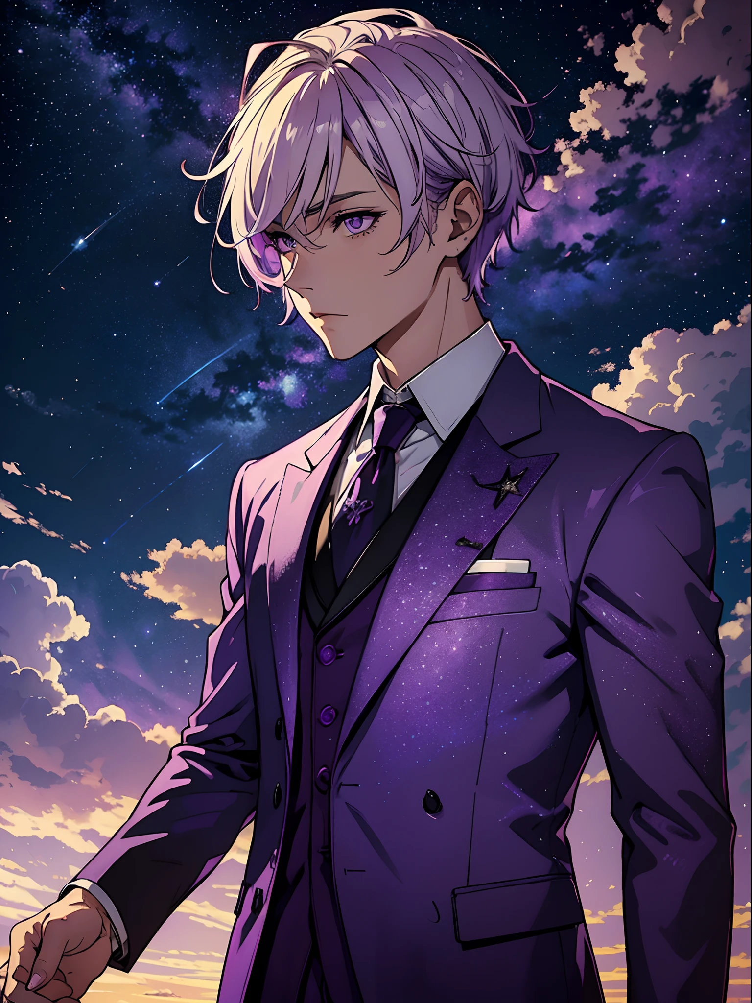 adult guy blonde, Purple sky, higly detailed, Purple clouds, white colored hair, Purple sky, purple color, Jacket and formal wear,  the stars, stars in thr sky