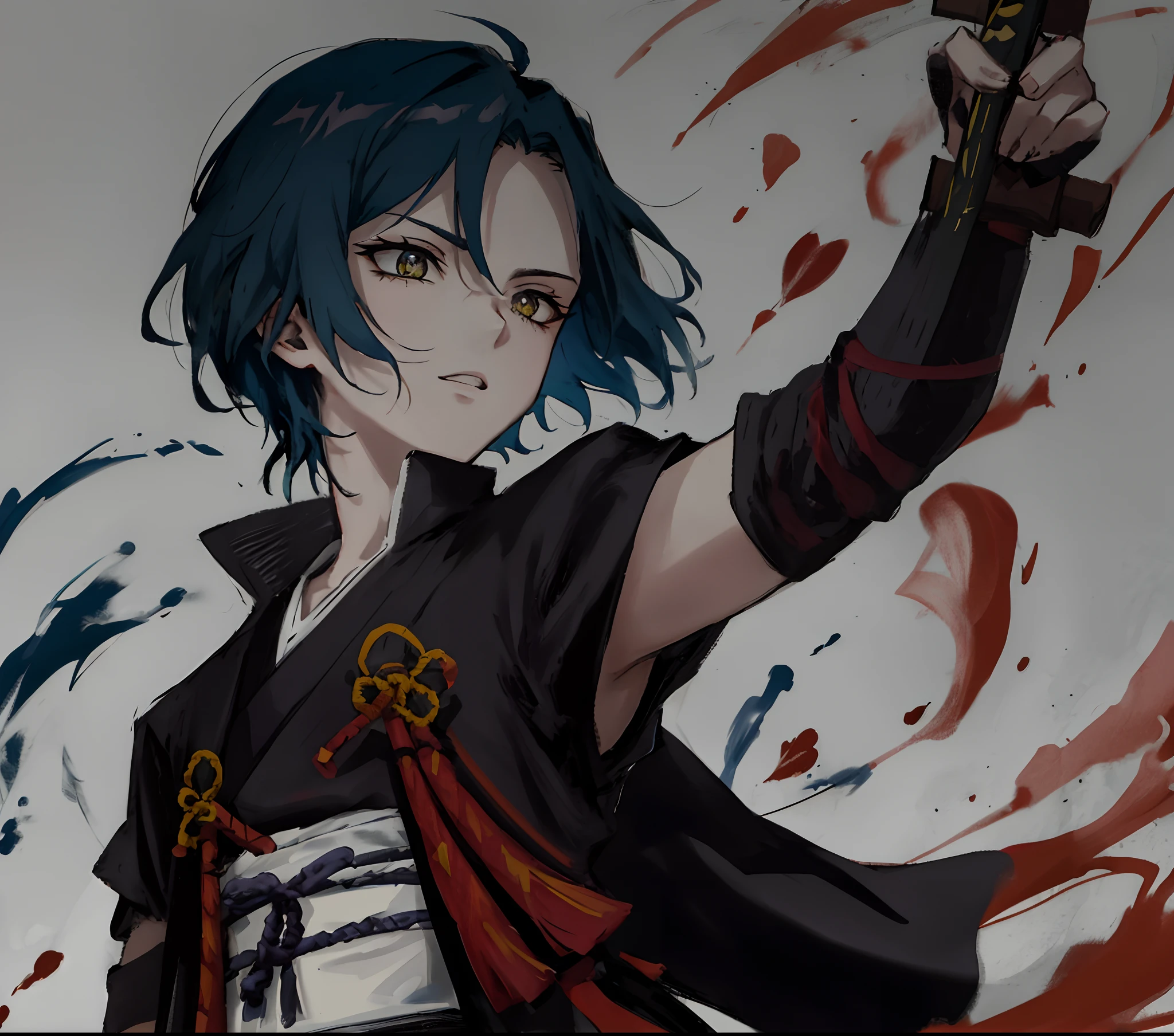 Homem cabelo longo preto estilo anime olhos amarelos roupa de samurai, roupa vermelha empunhando uma katana, homem jovem de 23 anos