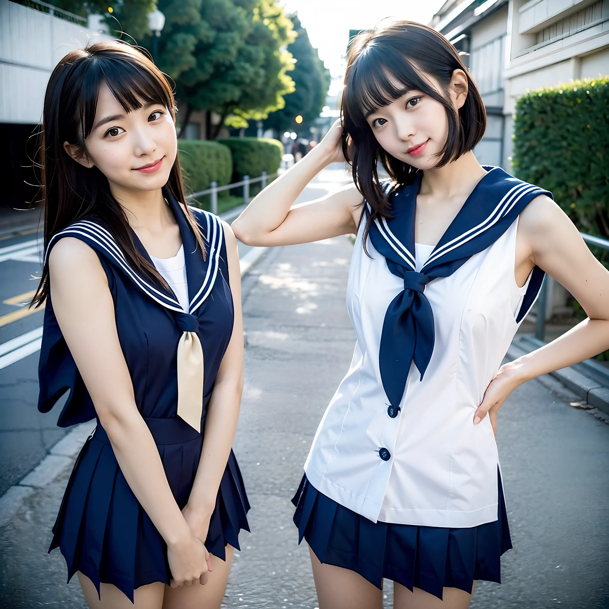 Two Japan women taking a commemorative photo in the sea of Japan、It was a 27-year-old woman.、It was a small breast with loose and fluffy long bob hair、One is a 31-year-old woman with small breasts and long bobs.....The two are having fun、small tits、Small、discreet breasts、Wearing a cardigan over a sleeveless sailor suit、street snap、I'm cosplaying in a sailor suit、The skirt is flipped up so you can see the light blue panties.、Pulling up a skirt、Tighten and lift the skirt、Grab the hem of the skirt and lift it up