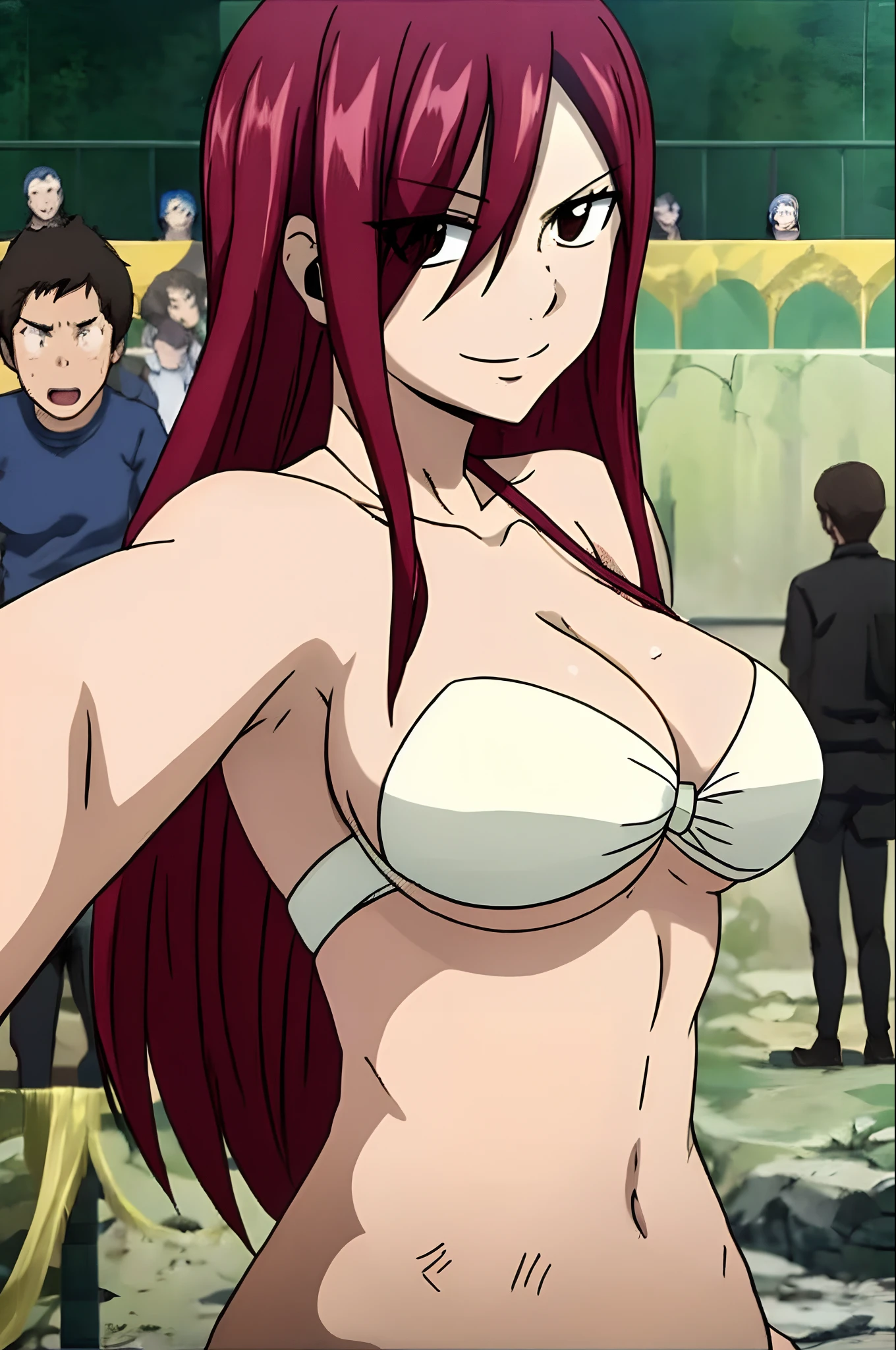 best quality, hires, Scarlet erza, (tiny black bikini only), location: wresting colosseum with crowd watching, adult woman, mature woman, big breasts, lying down, cowboy shot, best quality, ((right shoulder)), slightly strong arms, looking at viewer, important: shoulder tattoo only), big smile, (broad shoulders, strong arms), perfect body, no injuries, knocked down, clean body, from left side, push up, ((hands folded))
