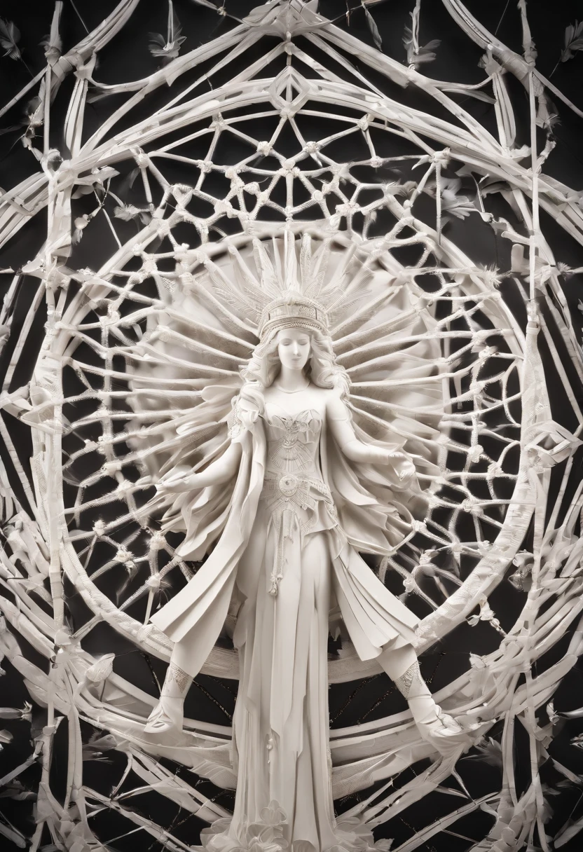 White marble statue of a dream catcher that has a spiderweb inside. Atmosfera escura, alto contraste de luz e sombra, fotografia profissional, utrarealista, Light Volumetric, cinemactic