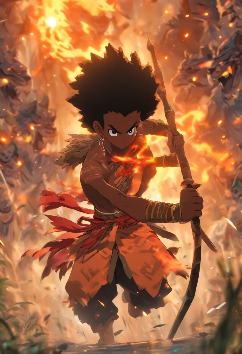 a boy in African hunter's garb with a hunter's spear in his hand, Black hair fights demons with, na beira do rio atrapalhando nuvens e florestas, anatomicamente correto, Detalhes altos, Super Detalhe, pele texturizada, best quality, 8k