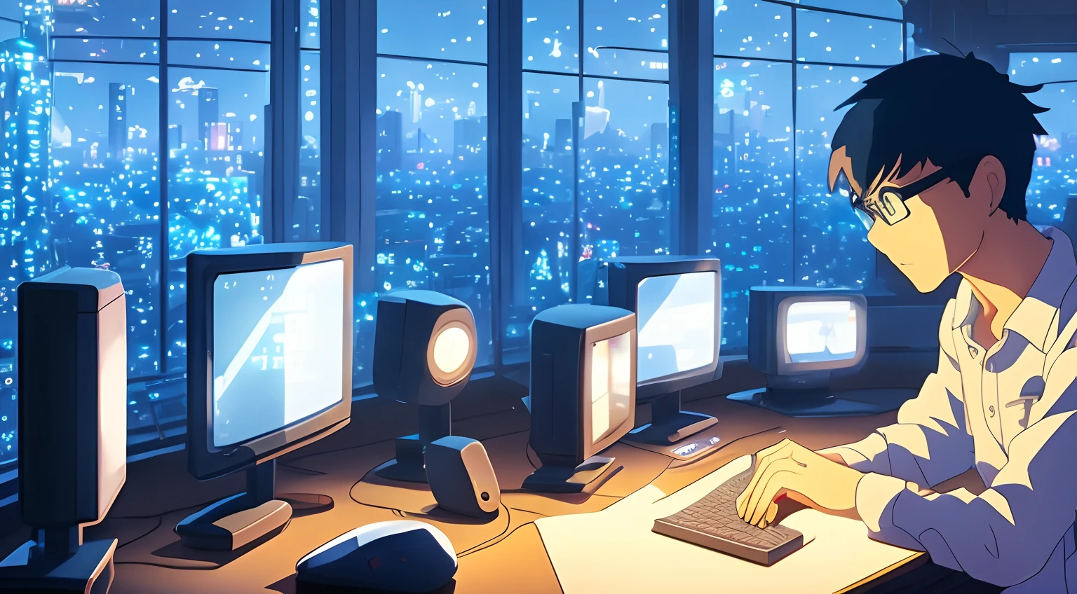 A nerdy  is programming on a computer in a room full of gadgets, Por Makoto Shinkai e Ghibli Studio, dramatic lighting, altamente detalhado, amazing quality, at night