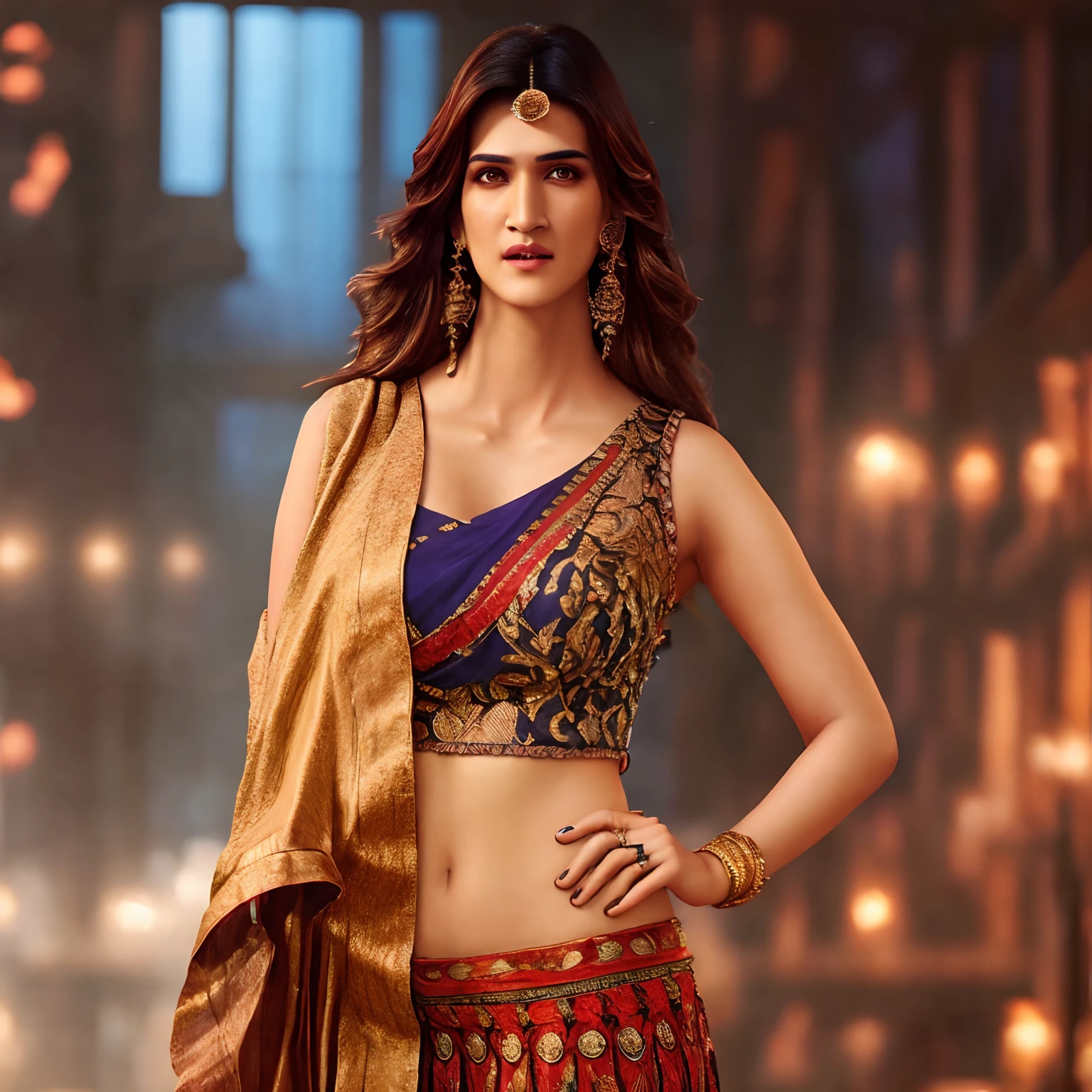 modelshoot style, photo of a beautiful young woman, Kriti Sanon, mature, oil on canvas, masterpiece, dramatic lighting, godrays, lens flare, 4k resolution, composition, sharp focus, studio photo, highly detailed, intricate, unreal engine cinematic smooth, trending on artstation,