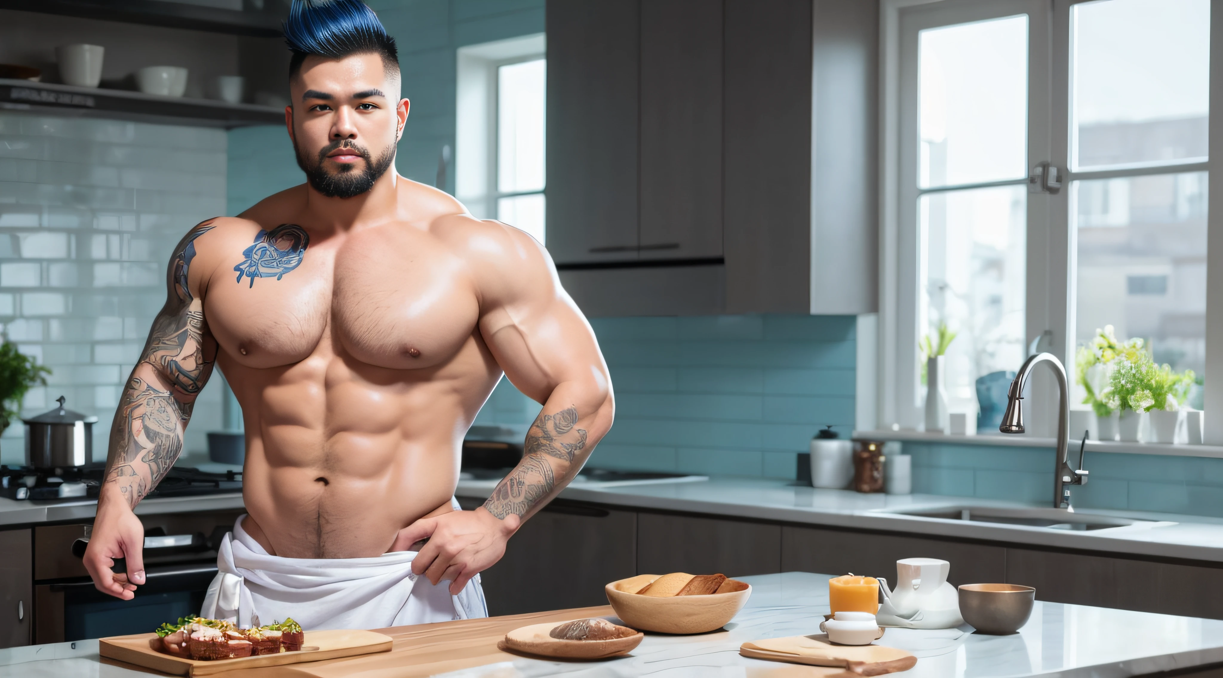 A Chinese chef,lightblue hair, short detailed hair,parted lip, Lips, White robe,in a kitchen,Sunset lights, Short beard perfect figure with tattoos, Very huge and strong body, Bulging muscles, musculous, Very large pectoral muscles,Very sexy abs,The legs are muscular,Tall and mighty,Exposed Body,Tall and burly,toned figure,Huge raised genital area,Brightens oily skin,Muscular。