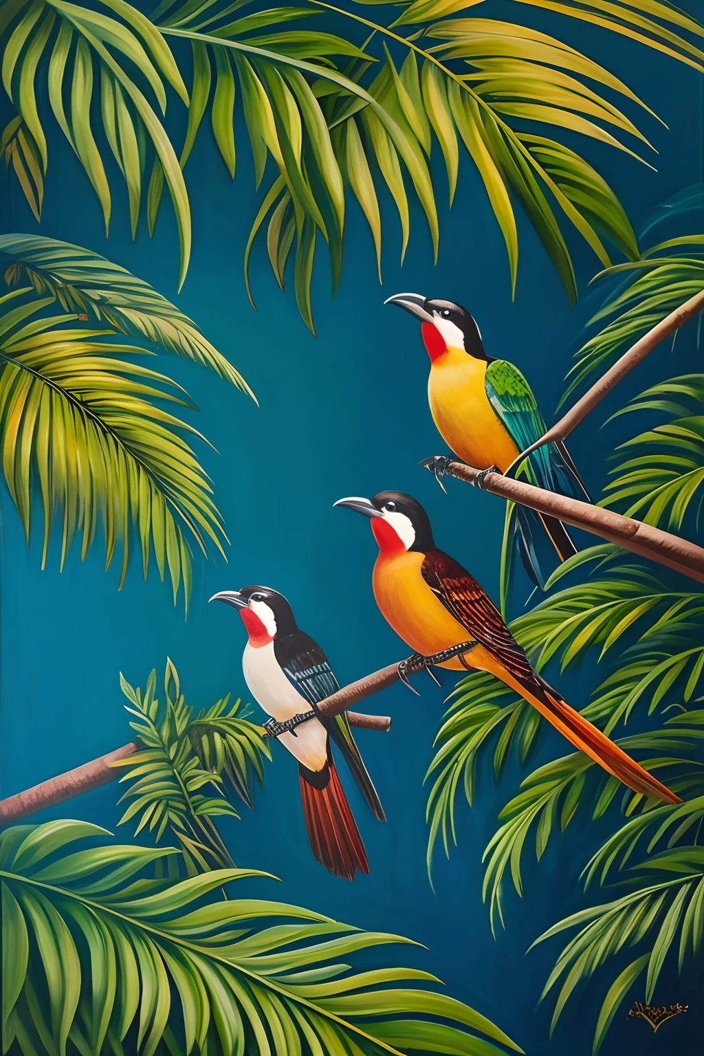 Oil painting poster of tropical birds on the trees