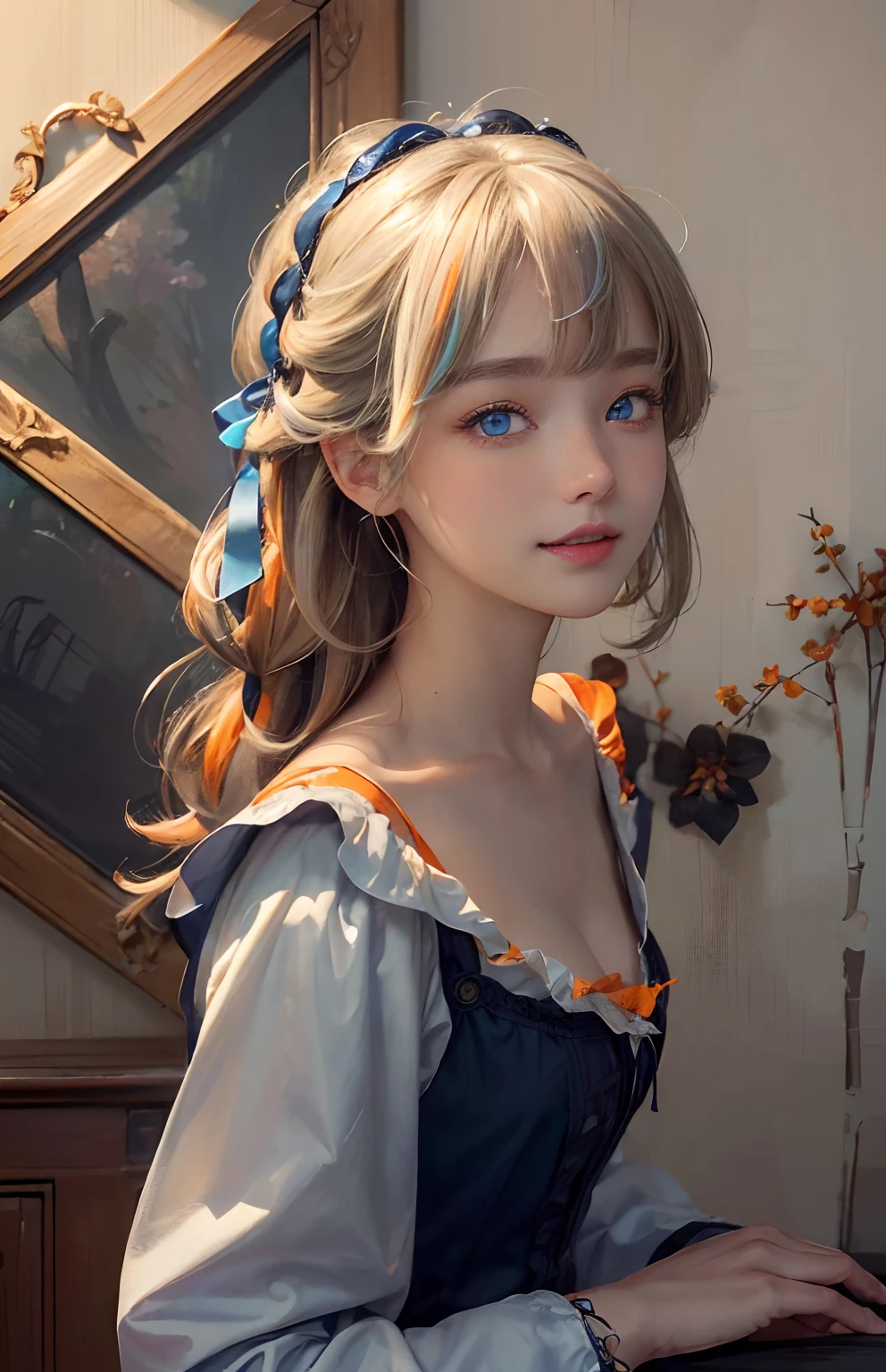(A hyper-realistic)、(illustratio)、(hight resolution)、(8K)、(ighly detailed)、(Best Illustration)、(beautifully detailed eyes)、(top-quality)、(ultra-detailliert)、(masterpiece)、(wall-paper)、(A detailed face)、独奏、1 girl in、looking at viewert、fine detailed、A detailed face、in the darkness nigth、deep-shadows、lowkey、pureerosfaceace_v1、A smile、Pixie Hair、Blue Maid Clothes、46-point diagonal bangs、a blond、((Heterochromia, brue eyes, Orange Eyes))