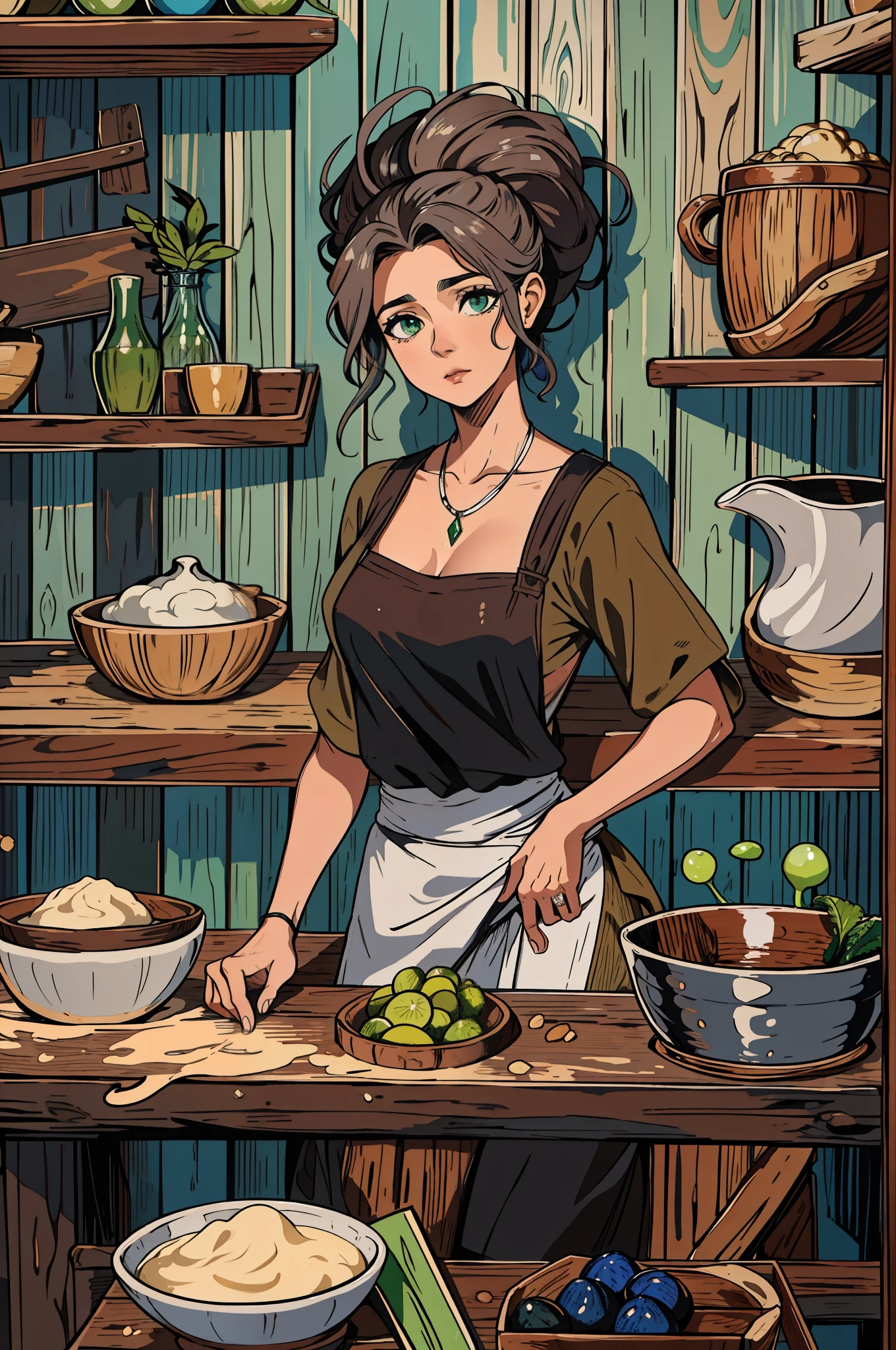 Uma bela mulher com olhos verdes e cabelos castanhos com ((roupas de chefe de cozinha)) expressiva um olhar triste. A background with a dramatic wooden wall An art for an RPG