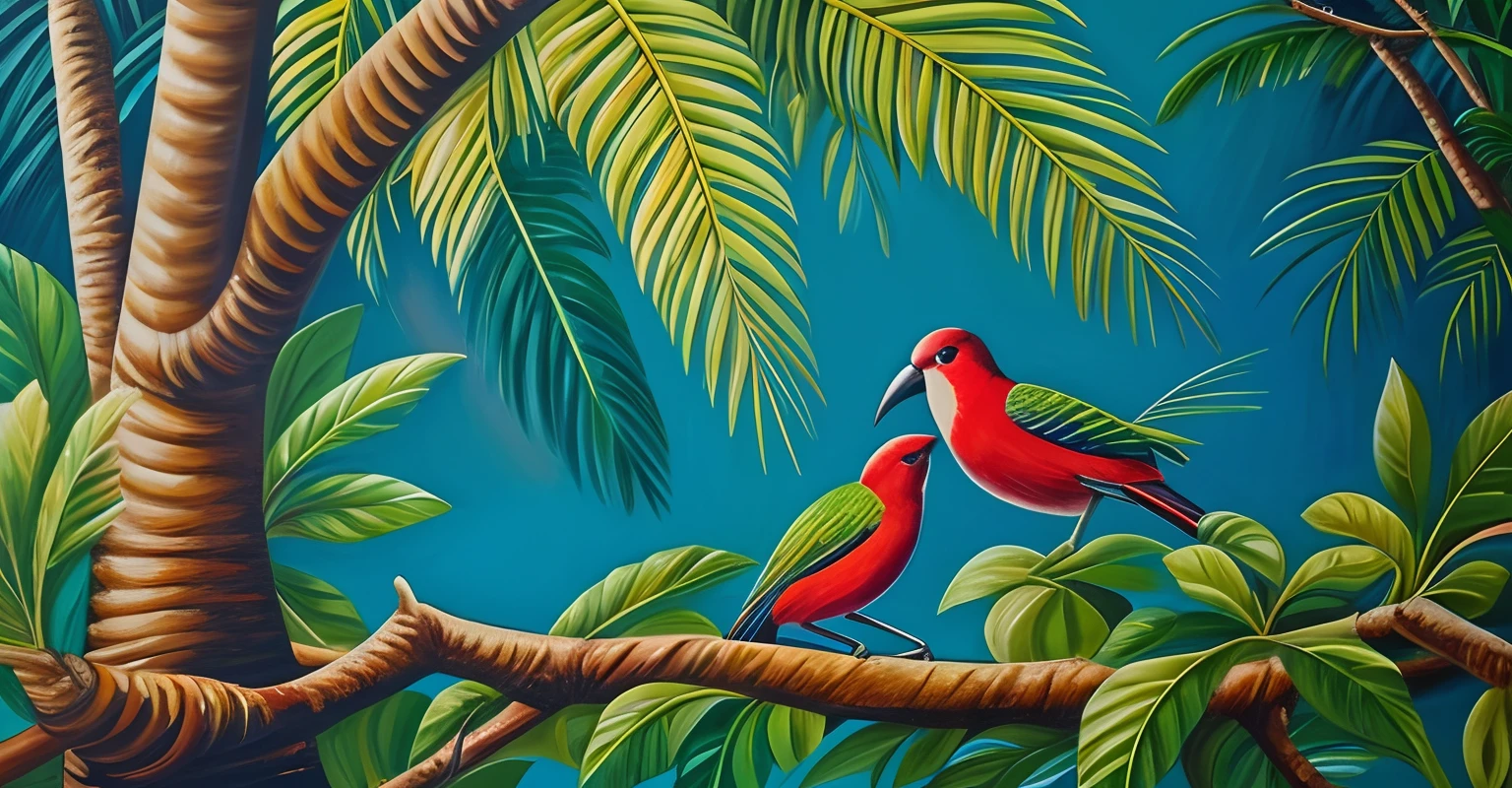 Oil painting poster of tropical birds on the trees