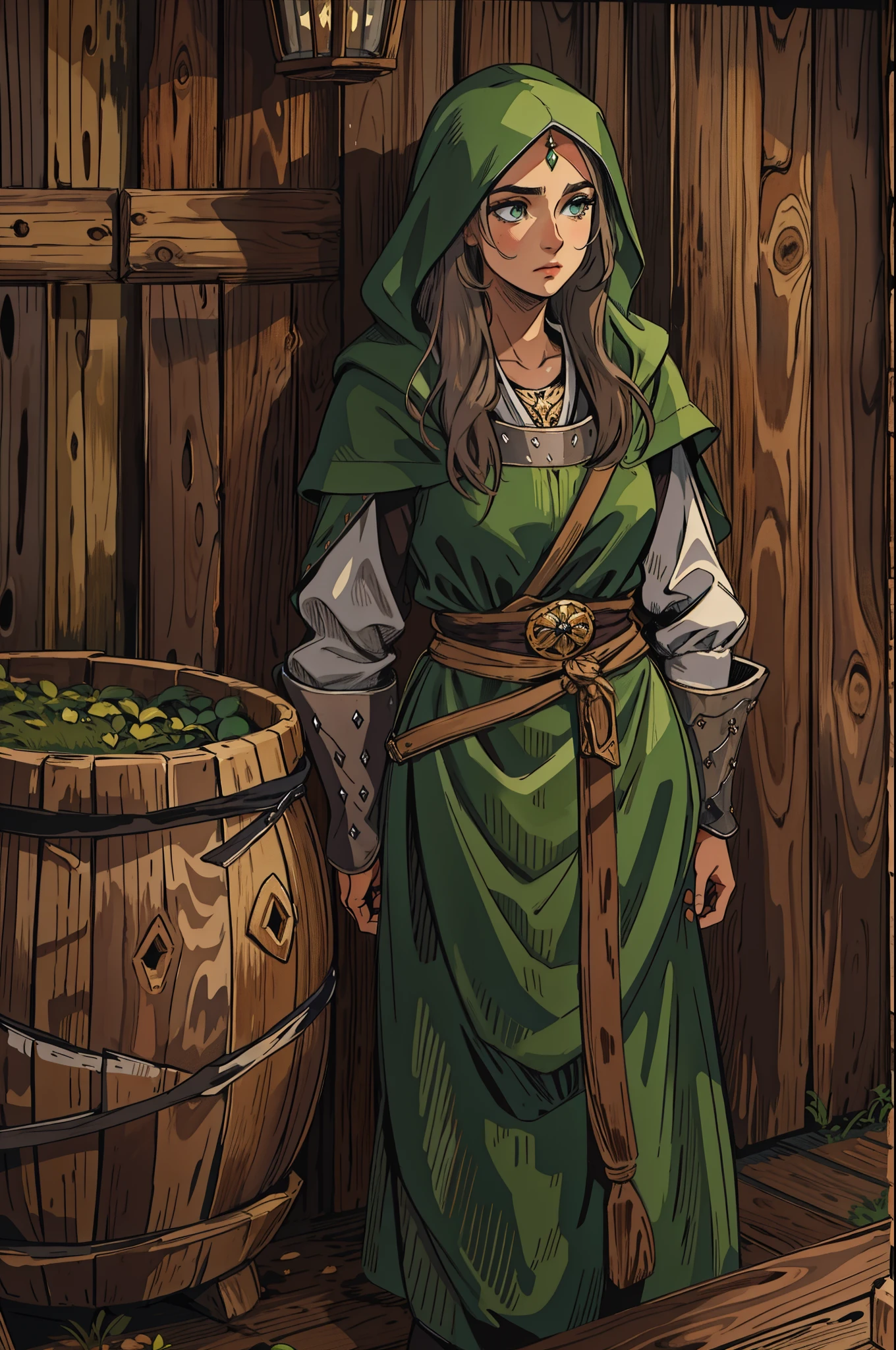 Uma bela mulher com olhos verdes e cabelos castanhos com roupas de cozinheira expressiva um olhar triste. A background with a dramatic wooden wall An art for an RPG A medieval art for an RPG