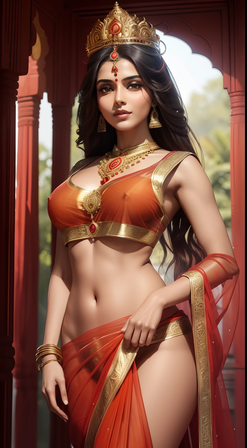 (highly detailed), (intricate), (beautiful face), (attractive body), (complete body picture), modern indian goddess, Hinduism, (transparent red saree), (visible natural breasts), (NSFW), dynamic pose, deity crown, (lion standing nearby), colorful, eye-catching, heavenly.