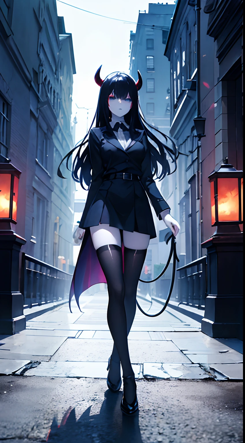 demon women, alone, pale skin, Romanian ethnicity, full color, full of details, portrait photo, black hair, blue eyes, shadows, lights, lands, 8k, HDR, anime style, full reality, full body photo, hot , very hot, hentai
