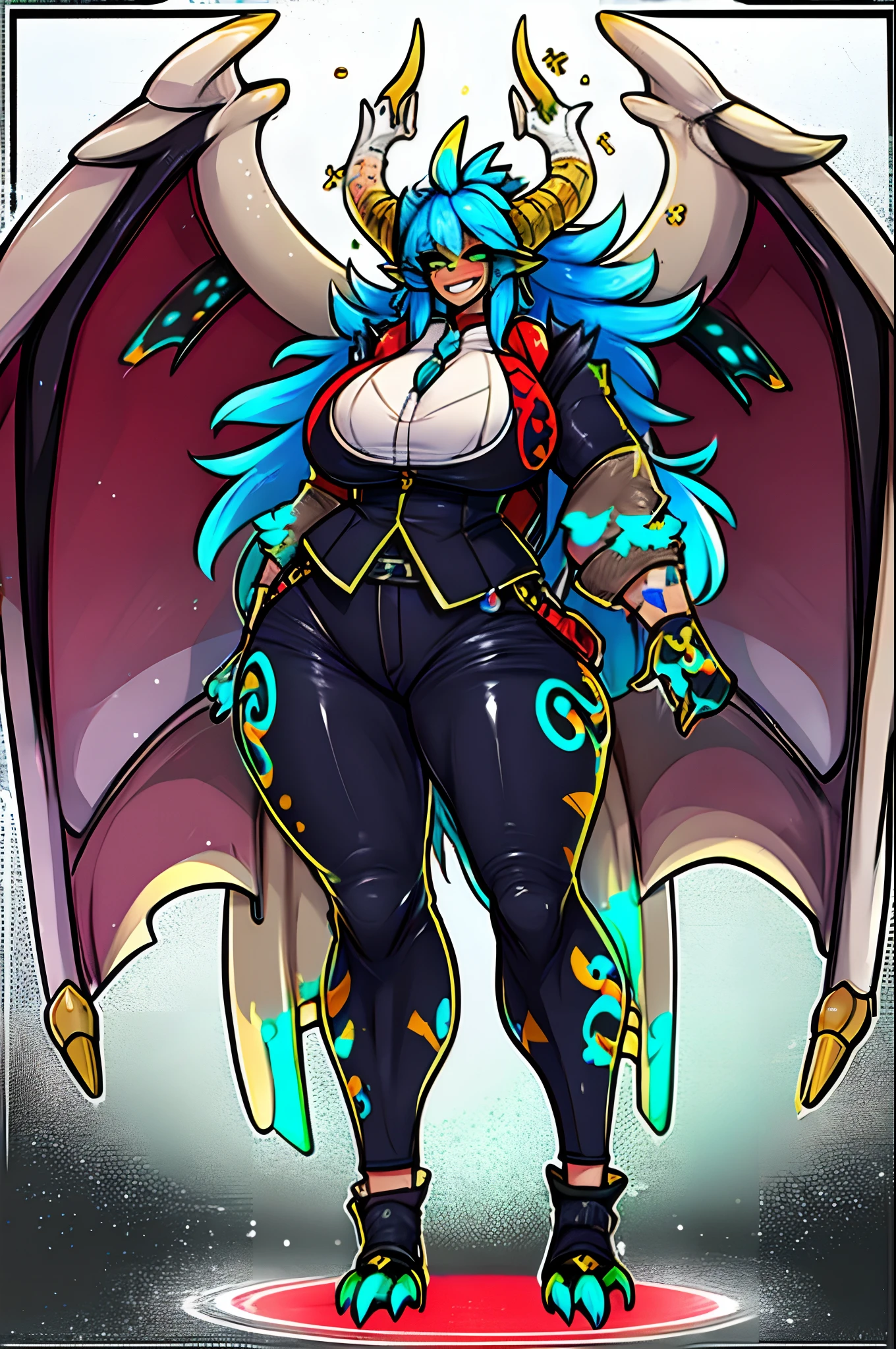 monster girl, dark skinned female, big breast, wings, happy,, coat vest, pants, full body, dragon wings, atomic alo,