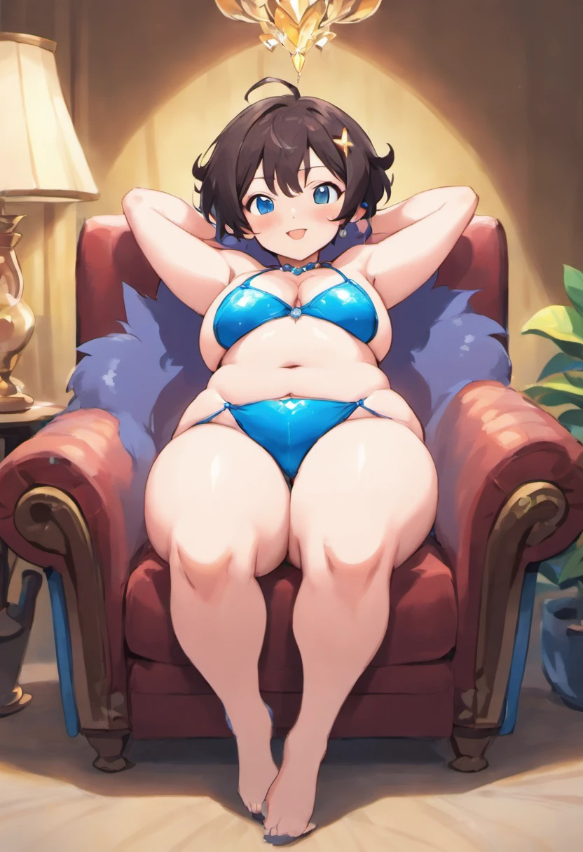 Cartoon of a single older mature woman, solo female, legs spread and knees apart showing see-thru micro panties, symmetrical human body, laying back in a couch, mature full body shot indoors, sultry expression, busty woman who is topless with low sagging breasts, dark brunette hair, pixie cut, crystal blue eyes, thicc,