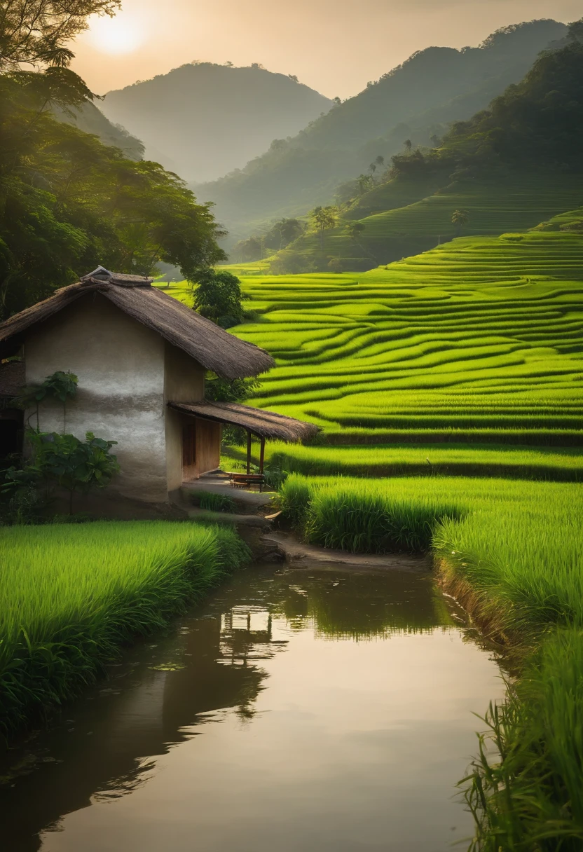 Atmosphere by country，Idyllic countryside，Tranquility and tranquility，Fresh and natural，The appearance of cultivation，Green mountains and green water，Village trails，Sunlight shines through the dappled leaves，The rice fields are golden，The villagers laughed，Harvest period，Tranquility and calm。