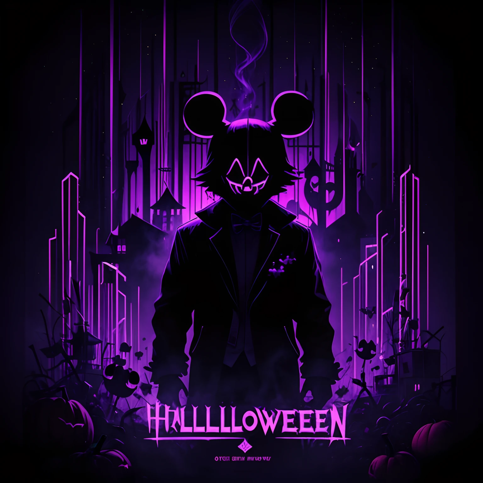 halloween invitation, background only, pattern, horror elements, the purge, neon lights, black, dark, purple, no text, no figure, smoke, mysterious, Mickey Mouse, disney