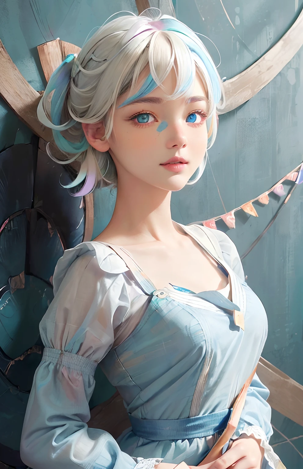 (A hyper-realistic)、(illustratio)、(hight resolution)、(8K)、(ighly detailed)、(Best Illustration)、(beautifully detailed eyes)、(top-quality)、(ultra-detailliert)、(masterpiece)、(wall-paper)、(A detailed face)、独奏、1 girl in、looking at viewert、fine detailed、A detailed face、deep-shadows、lowkey、pureerosfaceace_v1、A smile、(Pixie Hair)、Blue Maid Clothes、46-point diagonal bangs、a blond、((Heterochromia:1.4))