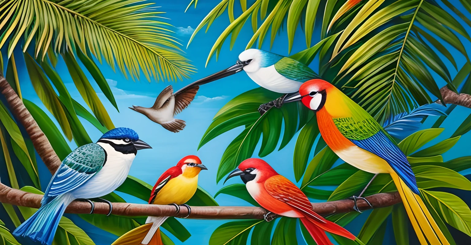 Oil painting poster of many tropical birds on the trees, different birds, coloring birds.