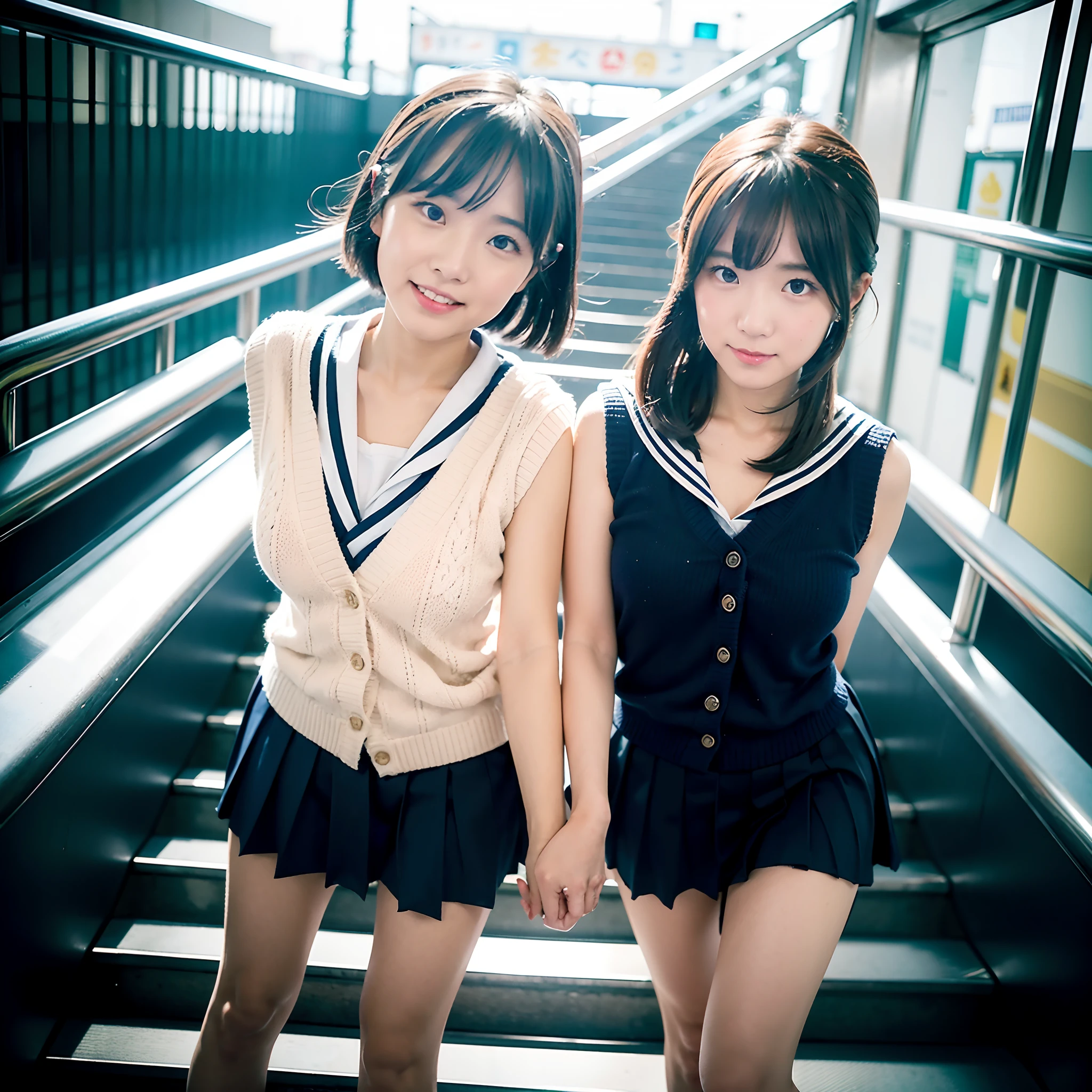 2 girls in rural seaside railway station,cumulonimbus cloud in summer sky,sailor shirt,navy blue pleated micro mini skirt,white panties,18-year-old,bangs,a little smile,thighs,knees,short hair with low pigtails bunches,from below,front light