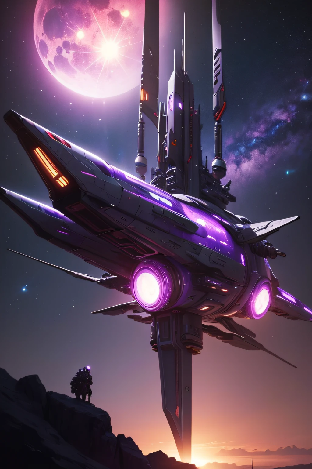 a manga-style alien war spaceship, it is very detailed and very futuristic. Many accessories and details are visible. in the distance we see a planet and a purple sun, and a star explosion is slightly visible