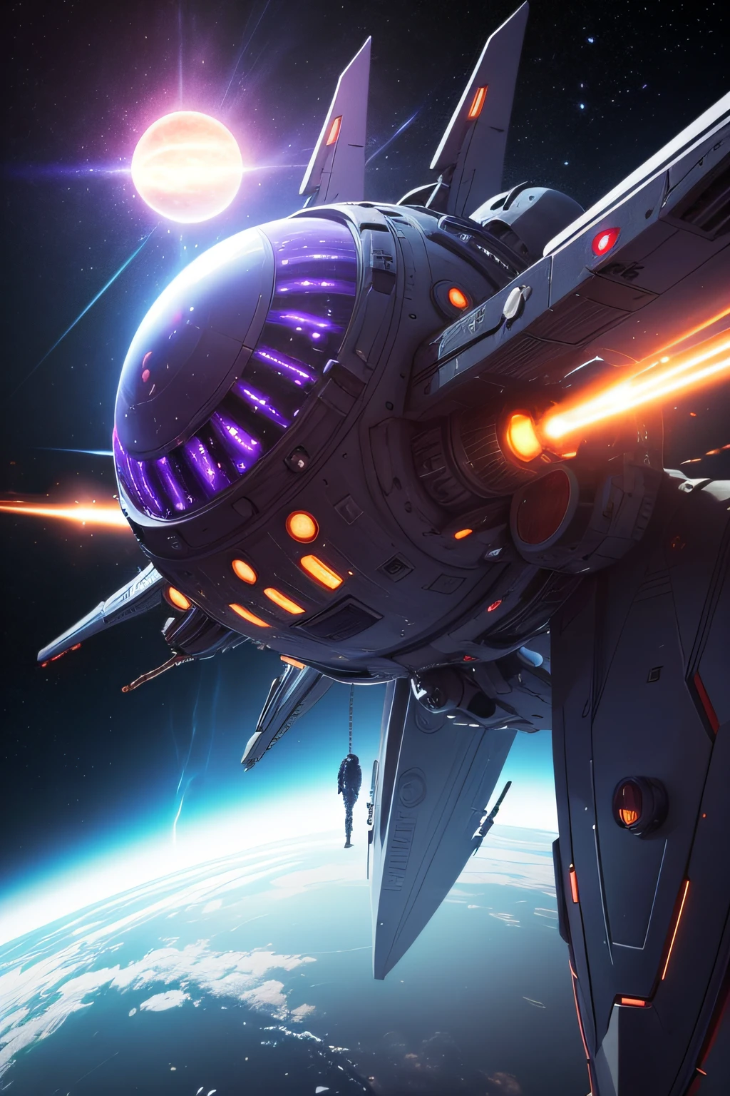 a manga-style alien war spaceship, it is very detailed and very futuristic. Many accessories and details are visible. in the distance we see a planet and a purple sun, and a star explosion is slightly visible