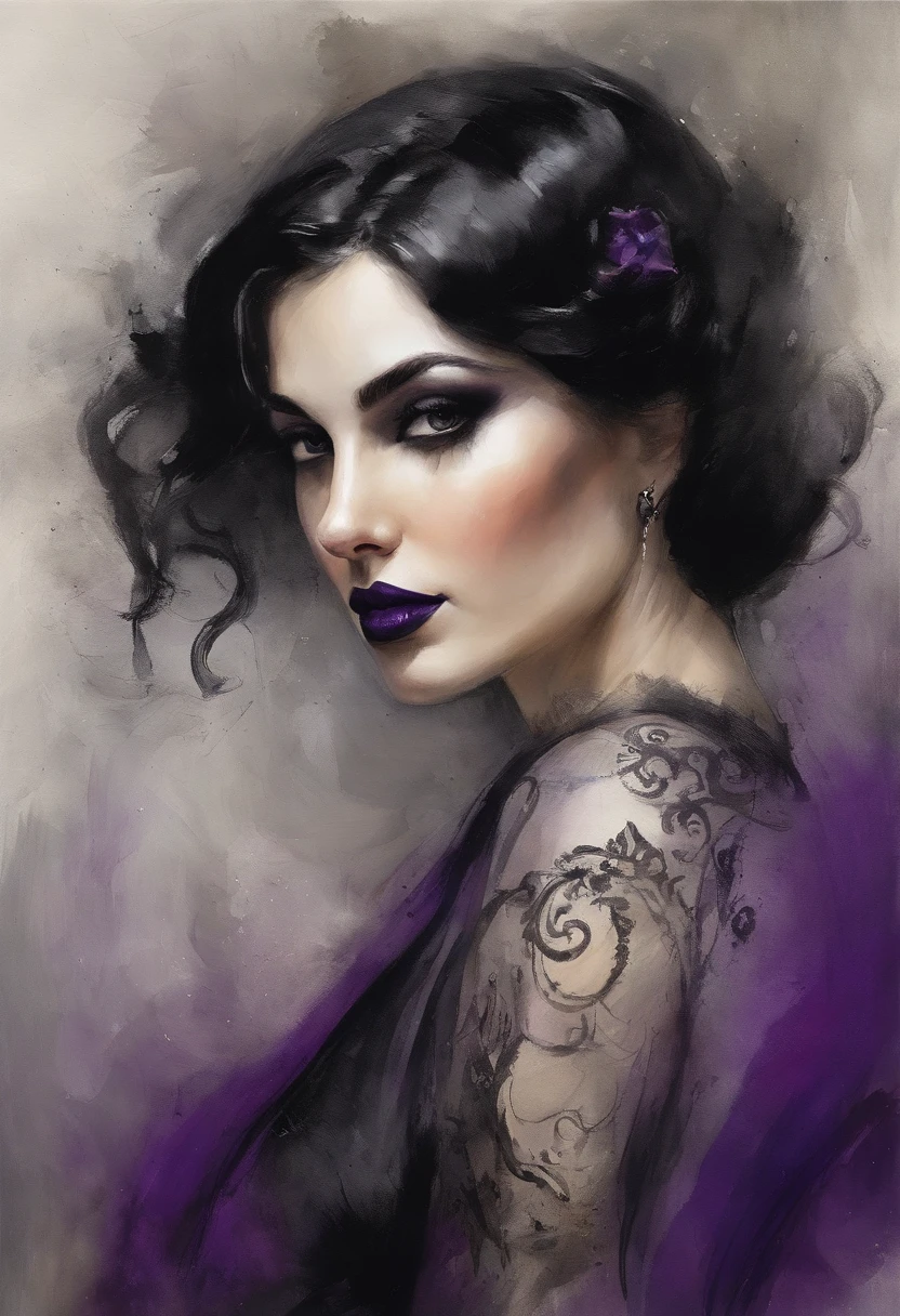 A portrait of a seductive goth girl with short black hair, A small bust, and a curvaceous figure posing with his finger pressed gently against his lips as he looks down. Se sienta en el suelo, Sus piernas parcialmente cruzadas usando un short, Black pleated skirt revealing her pale thighs and transparent black stockings to the thigh. Su negro azabache, El cabello cortado pixie enmarca su rostro. She wears dark purple lipstick that matches her black corset., acentuando su diminuta cintura y sus amplias caderas. Un collar de gargantilla negro se sienta alrededor de su elegante cuello. Her eyes are projected downward with seductively dark eyelashes.. Ella exuda un aura misteriosa pero seductora. Lighting accentuates the contours of your curve, Small inn shape and clothing details. El fondo anodino mantiene el enfoque en su gesto y atuendo. The image is photorealistic with intimate details.