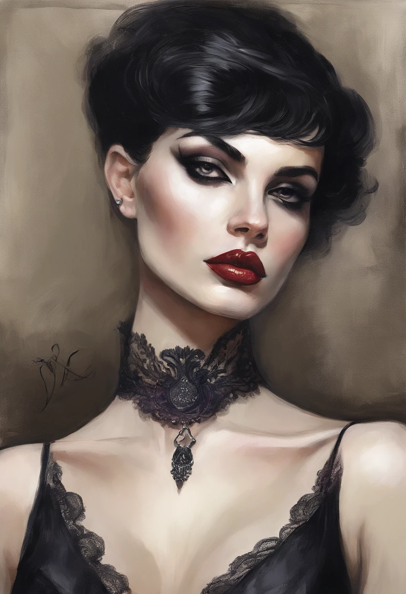 painting of a woman with a choke and a black dress, tom bagshaw donato giancola, natalie shau tom bagshaw, artstyle tom bagshaw, tom bagshaw style, style of tom bagshaw, seductive. highly detailed, tom bagshaw artstyle, dressed in black lace, inspired by Tom Bagshaw, in style of tom bagshaw