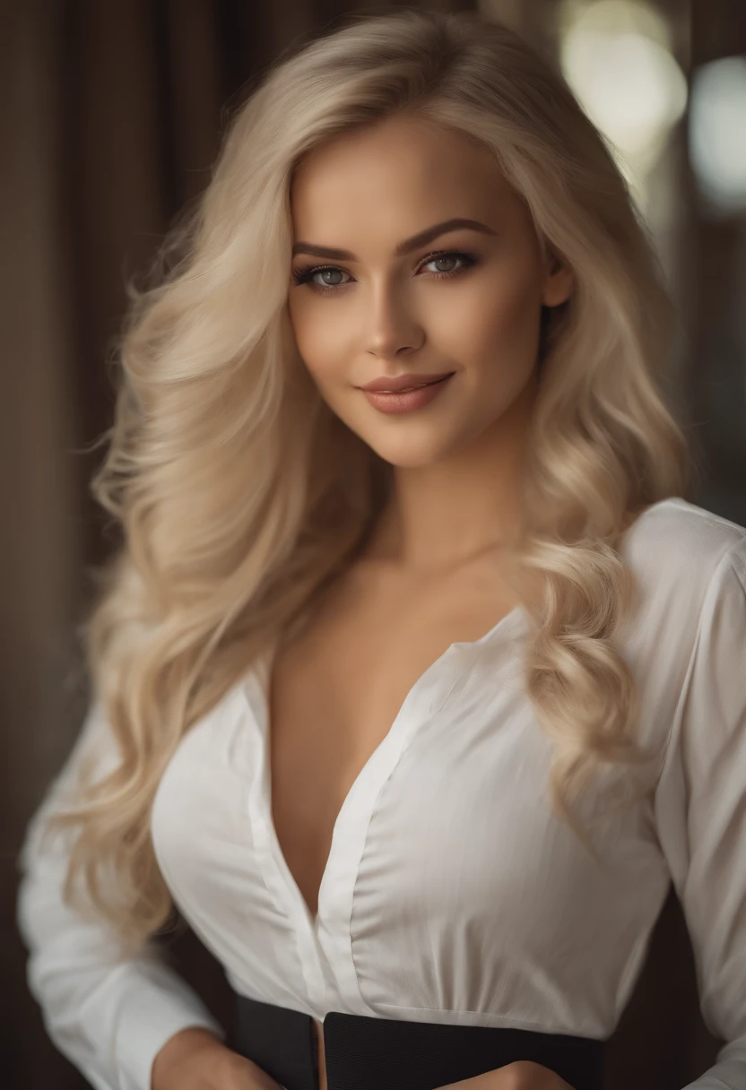 professional, (4k photo:1.1) by (Jeremy Lipking:0.3), (Dittmann Anna:0.3), (Arian Mark:0.3), (Sharp focus:1.3), high detail, wearing (lowcut shirt:1.2), beautiful detailed face, hazel eyes, long blonde hair, (attractive young woman:1.3), (seductive:1.1), (blushing:1.1), hourglass body shape, large round big breasts, wide thicc hips, blonde goddess, tight outfit, tight attire, smiling seductively, pretty face, perfect white haired girl, satisfied pose, cute seductive smile, beautiful blonde girl, good young girl, beautiful angle, attractive pose, cute girl, sexy pose, a gorgeous blonde, full body picture, full body, full body shoot, wearing black skirt and boots