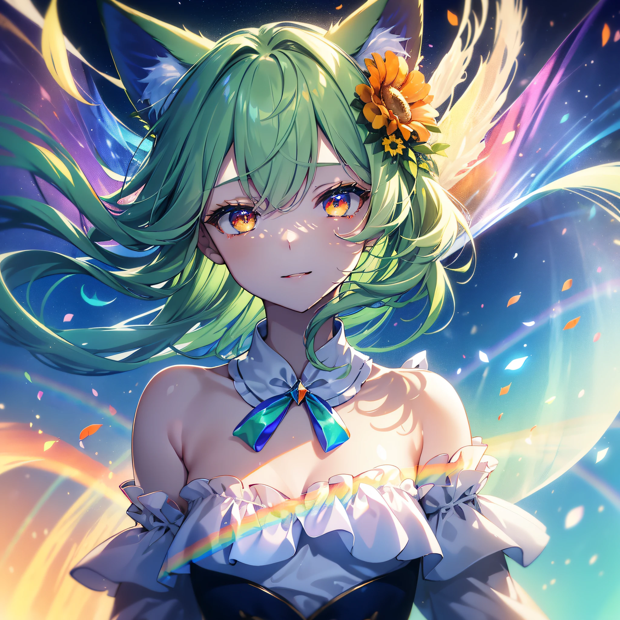 (Cat's ears:1.3),(Bright green straight hair with details:1.7),straight haired,(Face Focus:1.3) (Rainbow Background:1.3),(Happy sleeping face:1.3) ,(tiny chest:1.0),(Lip close-up:1.3),(Half closed eyes:1.3), (Green Witch Gothic Dress:1.2), (Wearing white war maiden armor:1.3), (Complex iridescent ribbons:1.3), (Mini skirt with red ruffles:1.3),Sleeping Princess,A deep blue sky and a vortex of light enveloped her, Canon 5D, 85 mm, depth of fields, 8K, ultra sharpness, nffsw, octane, Unreal, Dramatic light, Global Illumination,Motion Picture Film,rainbow,lensflare,(Orange Eyes:1.3),extremely detailed eye,(Star Rainbow Art:1.3),(Fantasia:1.3),(Agfacolor:1.3),(close portrait:1.3),(Feminine:1.4),(Beautiful:1.4),(Attractive:1.3),Move an angle,perfectly detailed eyes,Themed Background,Knight's Fleuré