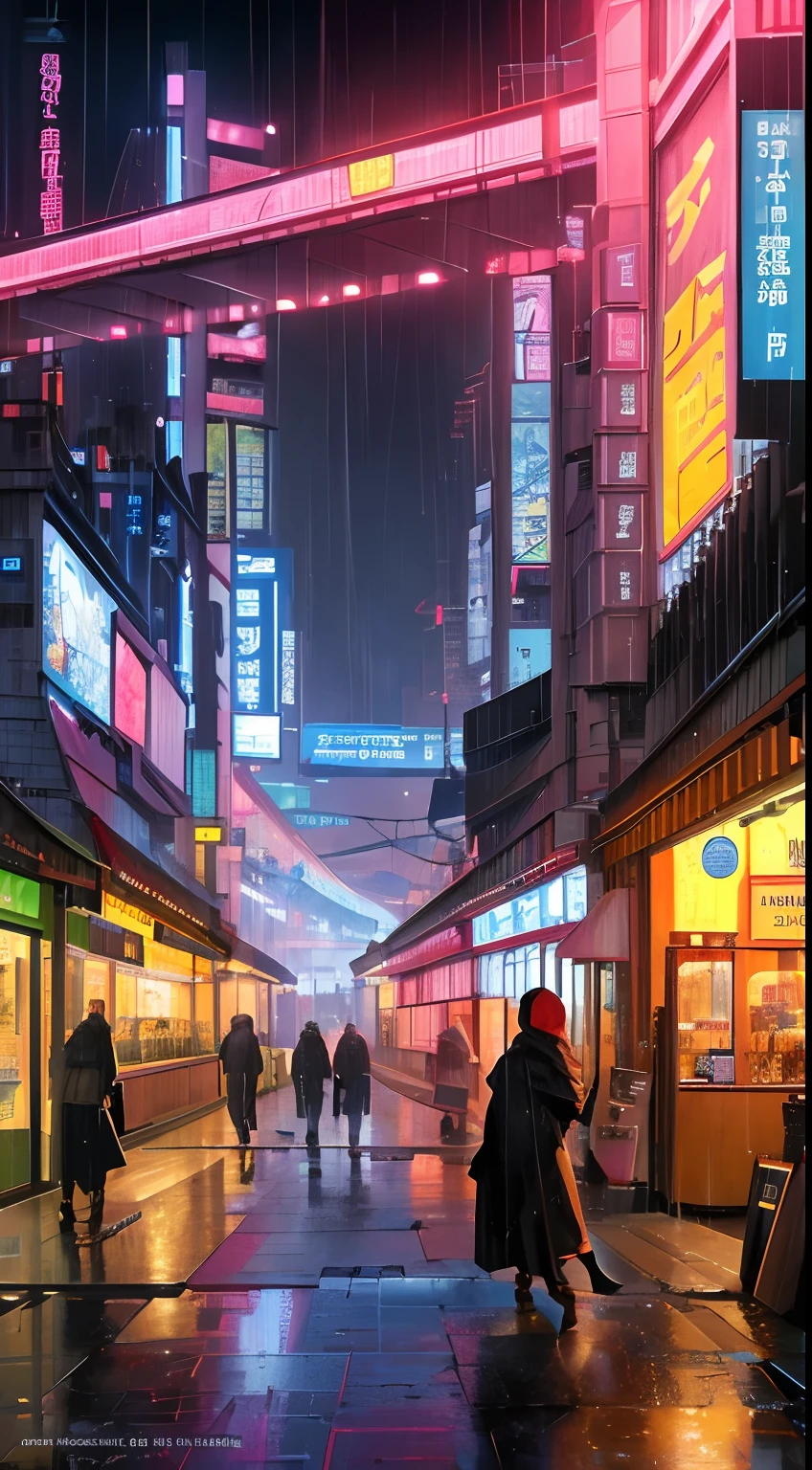 ((masutepiece)),((Best Quality)),((high detailing)),((Realistic,)) Cities in the future, architectural streets, bazaars, Futuristic railway lines, Cyberpunk, Buildings, Night, European cities, rainy, neons,Light in the center