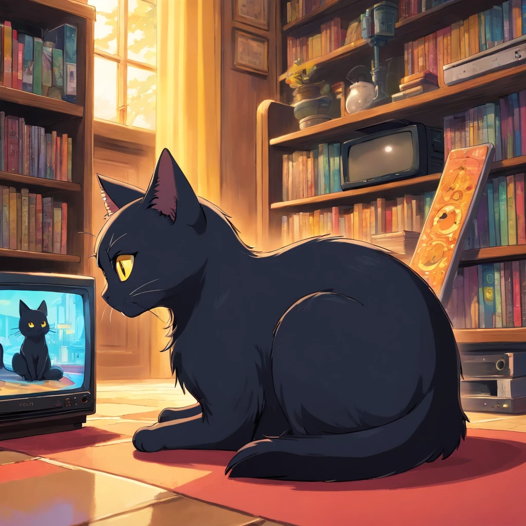 A black cat with yellow eyes on the floor watching a tube television on a bookshelf that is connected to a video game.