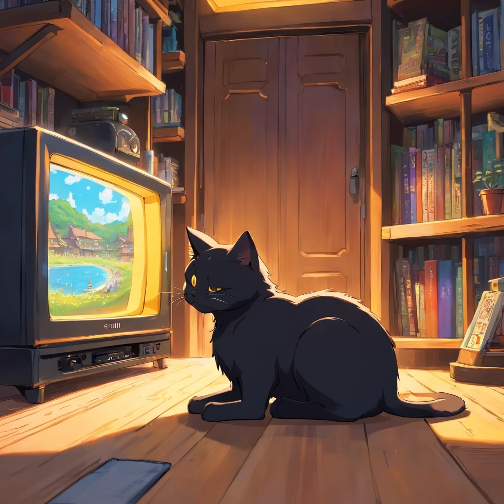 A black cat with yellow eyes on the floor watching a tube television on a bookshelf that is connected to a video game.