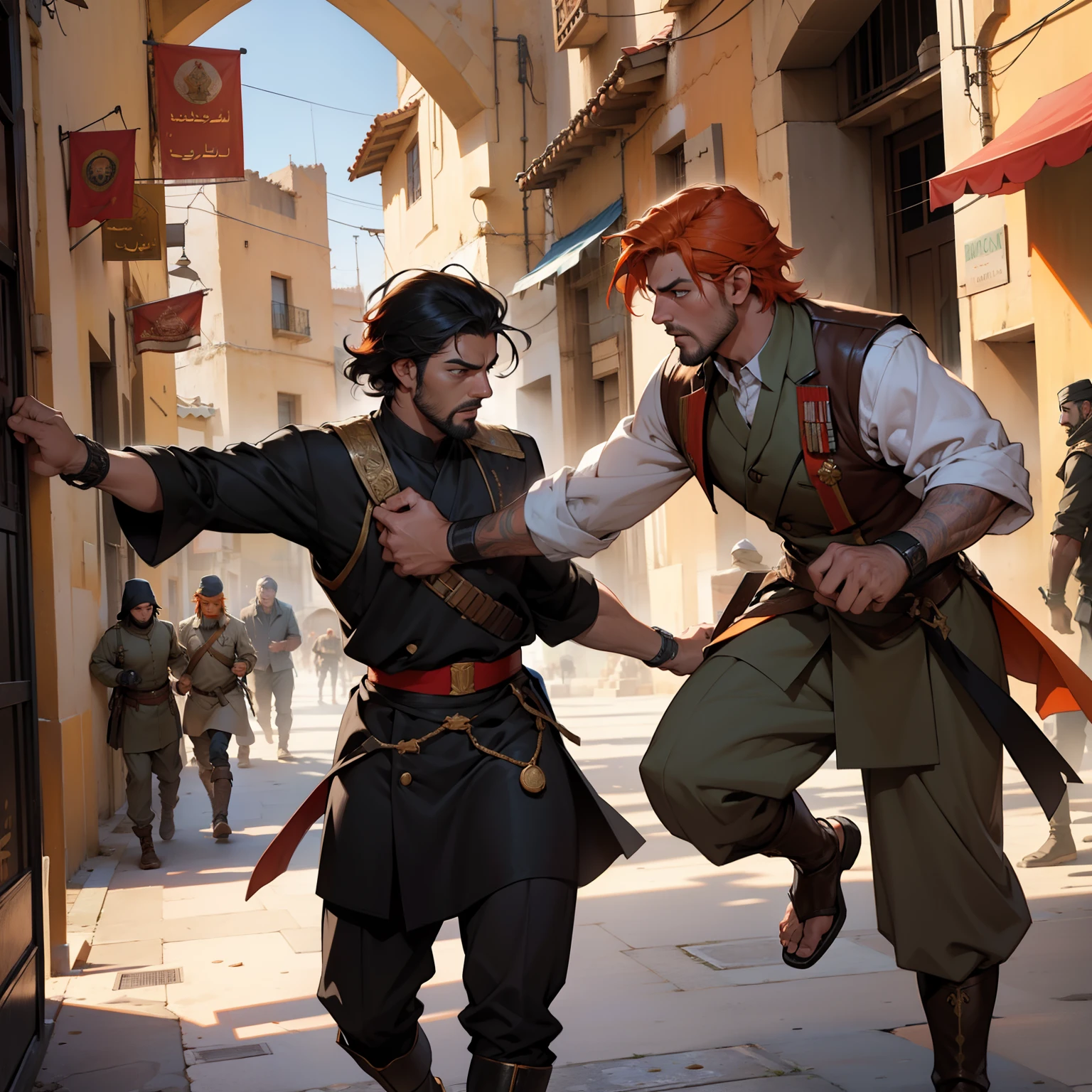 Battle scene between two Muslim generals in a 35-year-old Moroccan city with orange hair and other black hair