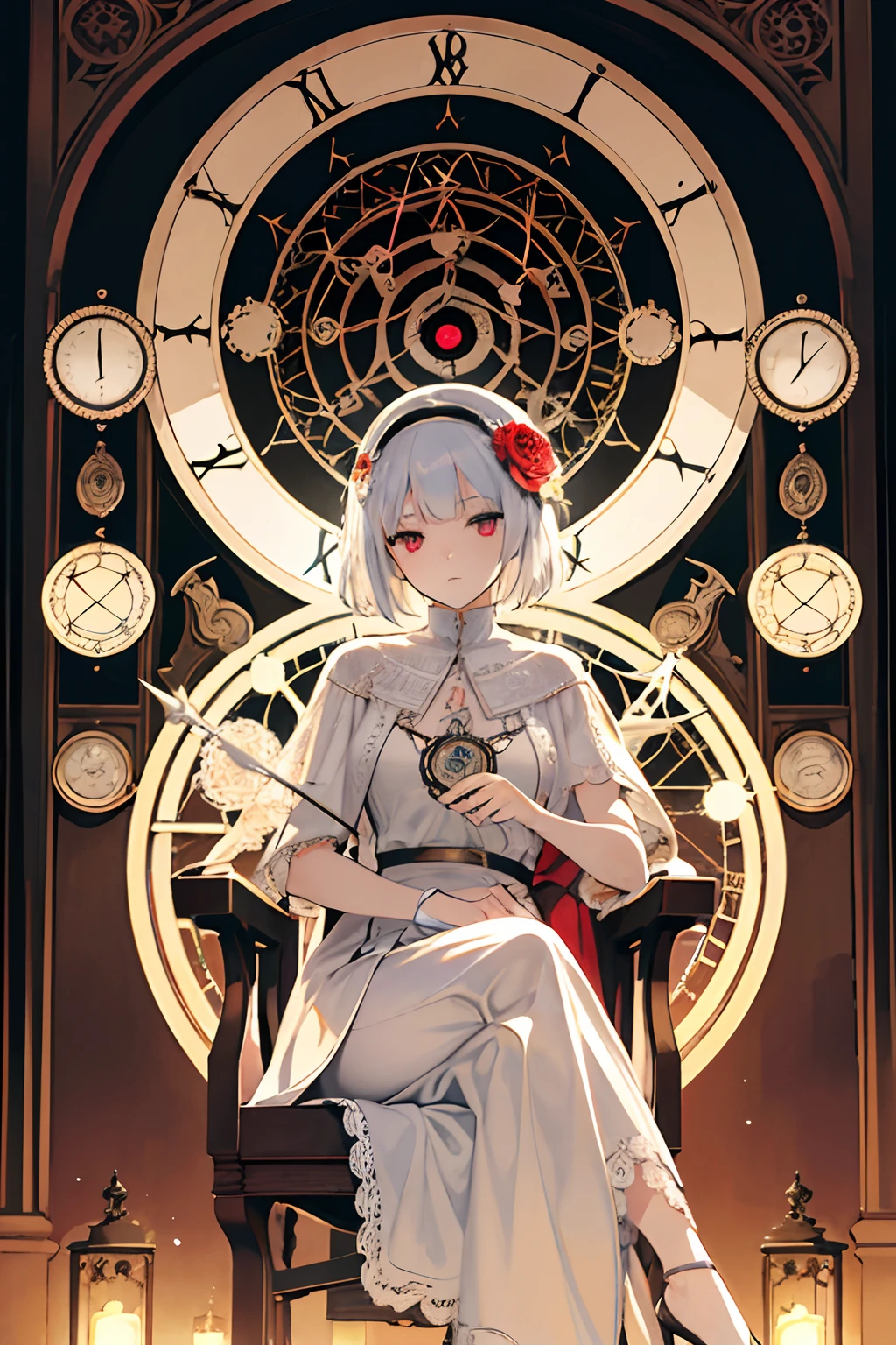 analog_clock, art_nouveau, bandages, chandelier, church, clock, doily, fire, flower, gears, magic_circle, male_focus, no_humans, painting_\(object\), pentagram, realistic, roman_numeral, rose, sitting, solo, sun_symbol, white_flower,  the twi of swords tarot card