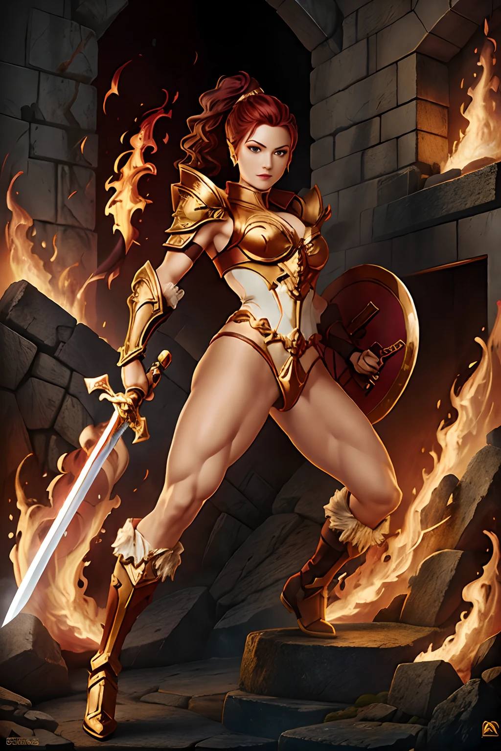 Holding a sword and sheild with fire blazing all around her. Dynamic pose.