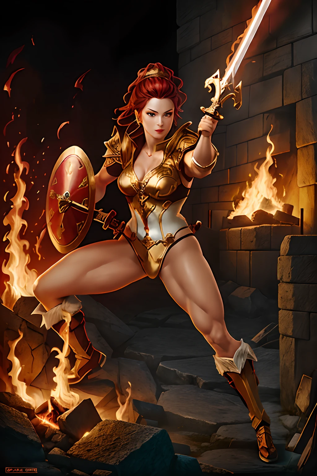 Holding a sword and sheild with fire blazing all around her. Dynamic pose.