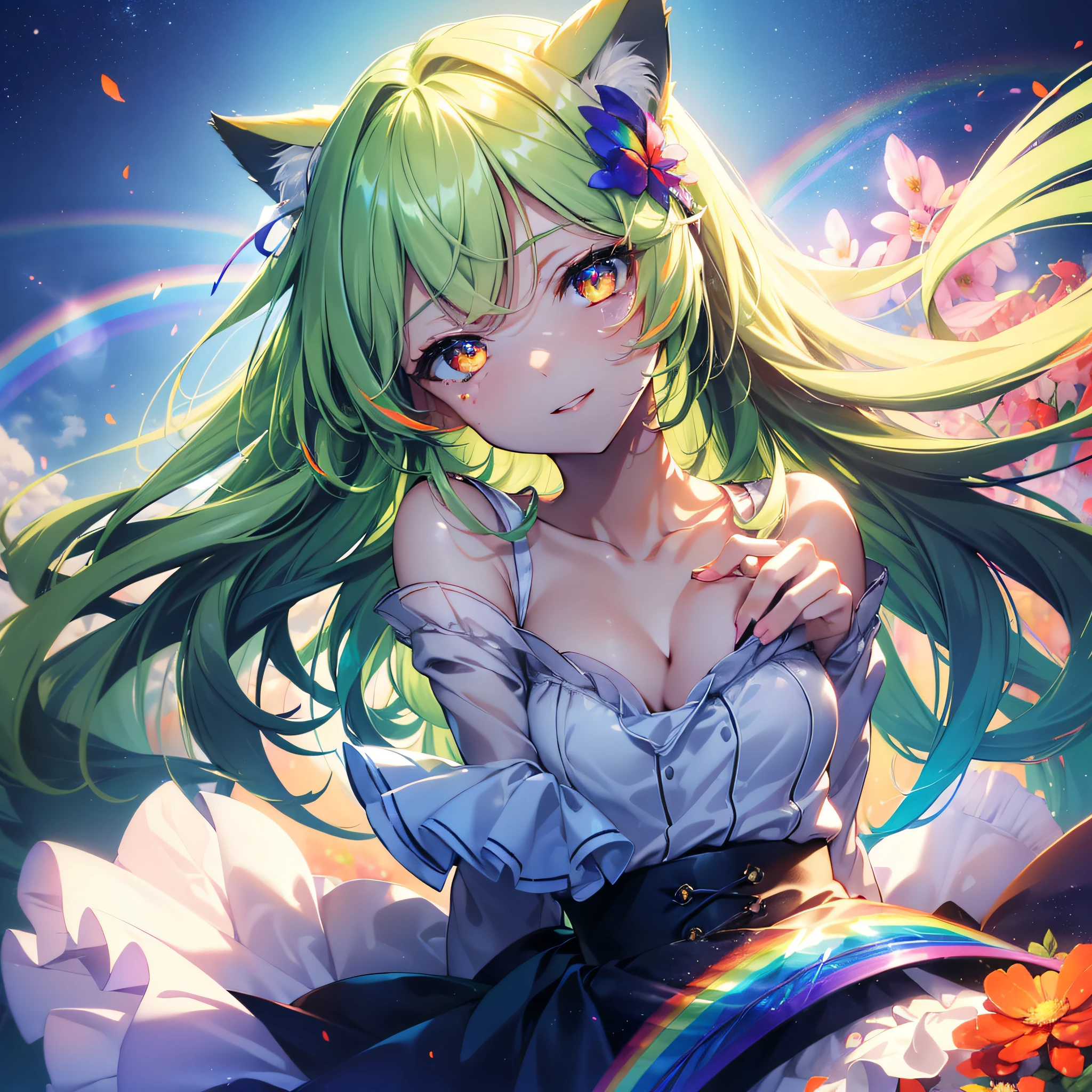 (Cat's ears:1.4),(Bright green straight hair with details:1.7),straight haired,(Face Focus:1.3) (Rainbow Background:1.3),(Open your mouth and smile shyly:1.3) ,(Slim Faces:1.3),(tiny chest:1.0),(Lip close-up:1.3),(Half closed eyes:1.3), (Angel Bride Dress:1.2), (Sleeping face:1.3), (Complex iridescent ribbons:1.3), (Mini skirt with red ruffles:1.3),sleeping princess,(Blue sky and complex prairie:1.3),A deep blue sky and a vortex of light enveloped her, Canon 5D, 85 mm, depth of fields, 8K, ultra sharpness, nffsw, octane, Unreal, Dramatic light, Global Illumination,Motion Picture Film,rainbow,lensflare,(Orange Eyes:1.3),extremely detailed eye,(Flower Rainbow Art:1.3),(Fantasia:1.3),(Agfacolor:1.3),(close portrait:1.3),(Feminine:1.4),(Beautiful:1.4),(Attractive:1.3),Move an angle,perfectly detailed eyes,Themed Background,Large grasslands,(Chest zoom:0.7)