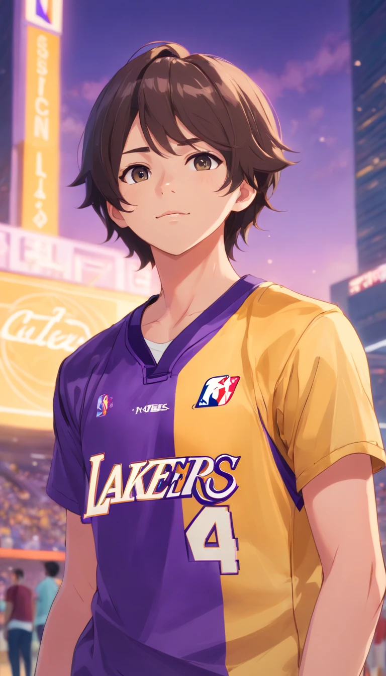 Brazilian with the shirt of the nba los lakers , Standard scenario , melhor qualidade, best resolution , estilo anime , obra prima , olhar fixo
