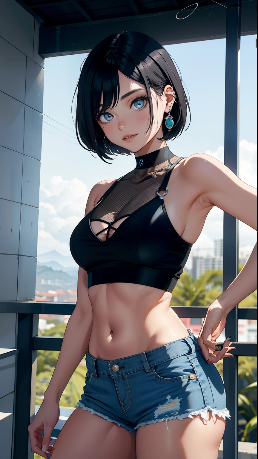 obra prima, qualidade superior, Detalhes detalhados, Paisagens detalhadas, luzes bonitas, Sombras bonitas, 1girl em, 23 anos,olhos negros,sorriso travesso, delineador de olhos,short hair,bracelete,uma gargantilha,piercings,Hotpants,(Aumento ultrabaixo),Tcamisa, Navel Ejection,Texturas detalhadas da pele, Efeito Tyndall