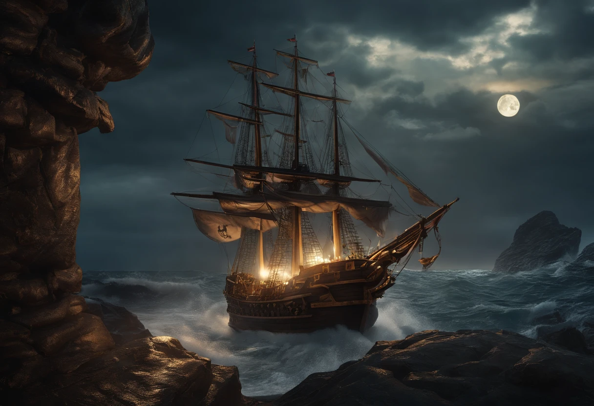 sail, treasure chest, stormy sea, moonlit night, skull and crossbones, cannon fire, Jolly Roger flag, captain's hat, wooden deck, roaring waves, hidden island, swords shining, parrot on the shoulder, treasure map unfolding, gold coins glittering, pirate ship in battle, plank walk, pirate flag fluttering, sea monster emerging, rum barrels, pirate tattoos, pirate code of honor, pirate songs echoing, eye patch, grappling hooks, anchor dropping, spyglass scanning the horizon, ship's wheel turning, black sails billowing, thunder and lightning, cannon smoke, pirate crew roaring, seagulls circling, storm clouds gathering, adventurous spirit, adrenaline rush, danger lurking, untold riches, swashbuckling action.
(best quality,4k,8k,highres,masterpiece:1.2),ultra-detailed,(realistic,photorealistic,photo-realistic:1.37) (illustration,3D rendering),pirate-themed,moonlit night,stormy atmosphere,vivid colors,flaming flames,highly detailed ship,ornate captain's hat,menacing skull and crossbones,roaring waves crashing against the ship,treasure chest overflowing with gold and jewels,fierce pirates battling,smoke-filled cannon fire,haunting sound of skulls,hidden island shrouded in mystery,gleaming swords reflecting the moonlight,parrot with vibrant feathers and piercing eyes,ancient-looking treasure map unfolding before your eyes,gold coins scattered in all directions during the battle,ship sinking beneath the stormy sea,plank stretching over the treacherous water,pirate flag proudly displayed atop the ship,mighty sea monster rising from the depths,rustic rum barrels lining the deck,pirates proudly displaying their tattoos,unbreakable pirate code guiding their actions,men singing rollicking pirate songs into the night,patch-covered eye of a fierce pirate captain,grappling hooks securing the ship to the hidden island,heavy anchor dropping into the depths of the sea,spyglass revealing distant ships and looming danger,ship's wheel expertly steered by the captain,black sails billowing